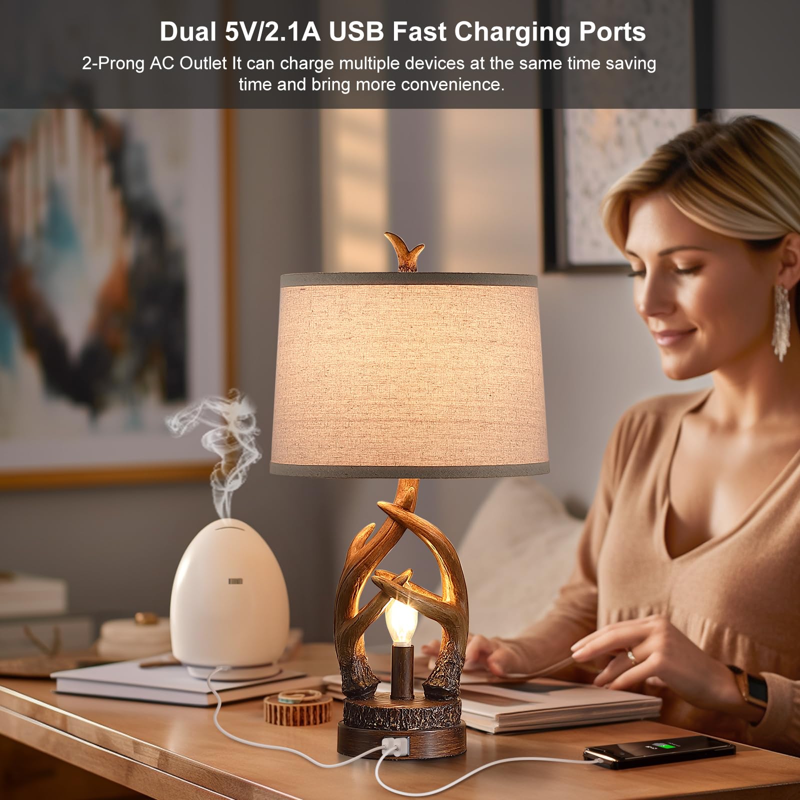 Altgedecor Rustic Table Lamps Farmhouse Antler Lamps Set Of 2 Western Bedside Lamps For Bedroom With Usb Charging Ports Nightlig