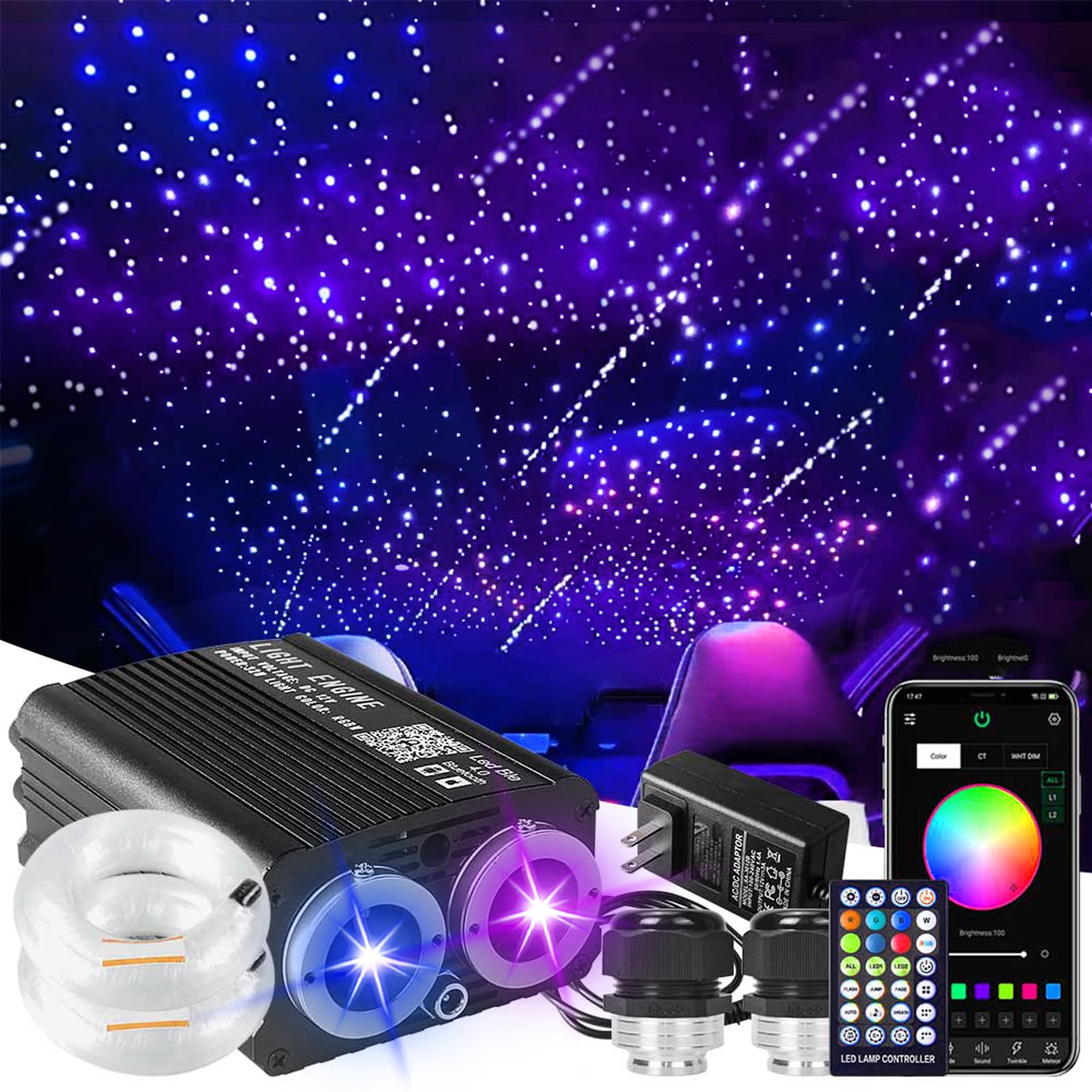 32W Starlight Headliner Light,1300pcs 9.8ft Dual Port Dual Color LED Star Ceiling Fiber Optic Light Kit APP/Remote Control White
