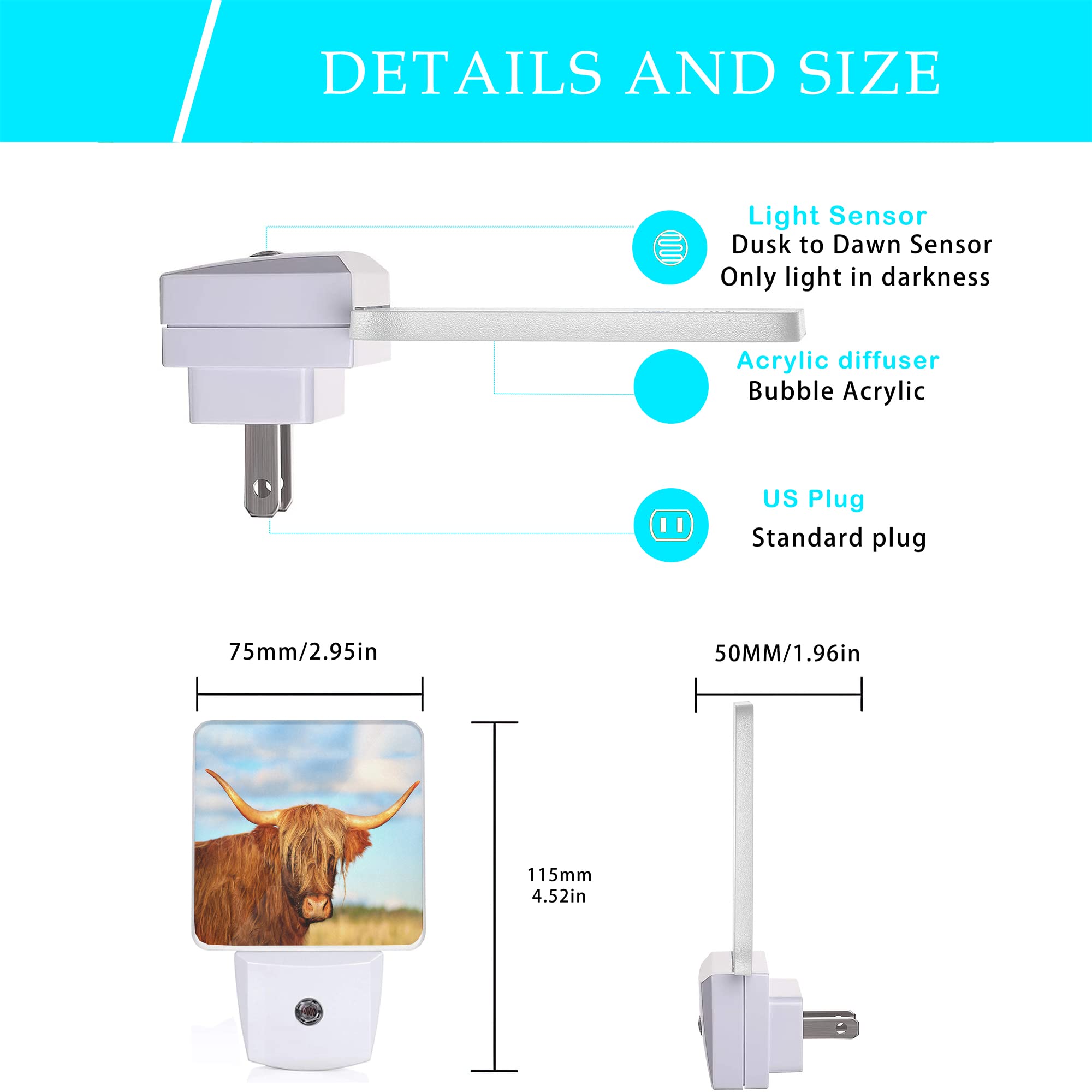 Oeaskly Highland Cow Night Light,Cows Plug-In Night Lights With Dusk-To-Dawn Sensor For Bedroom, Bathroom And Living Room 0.5W S