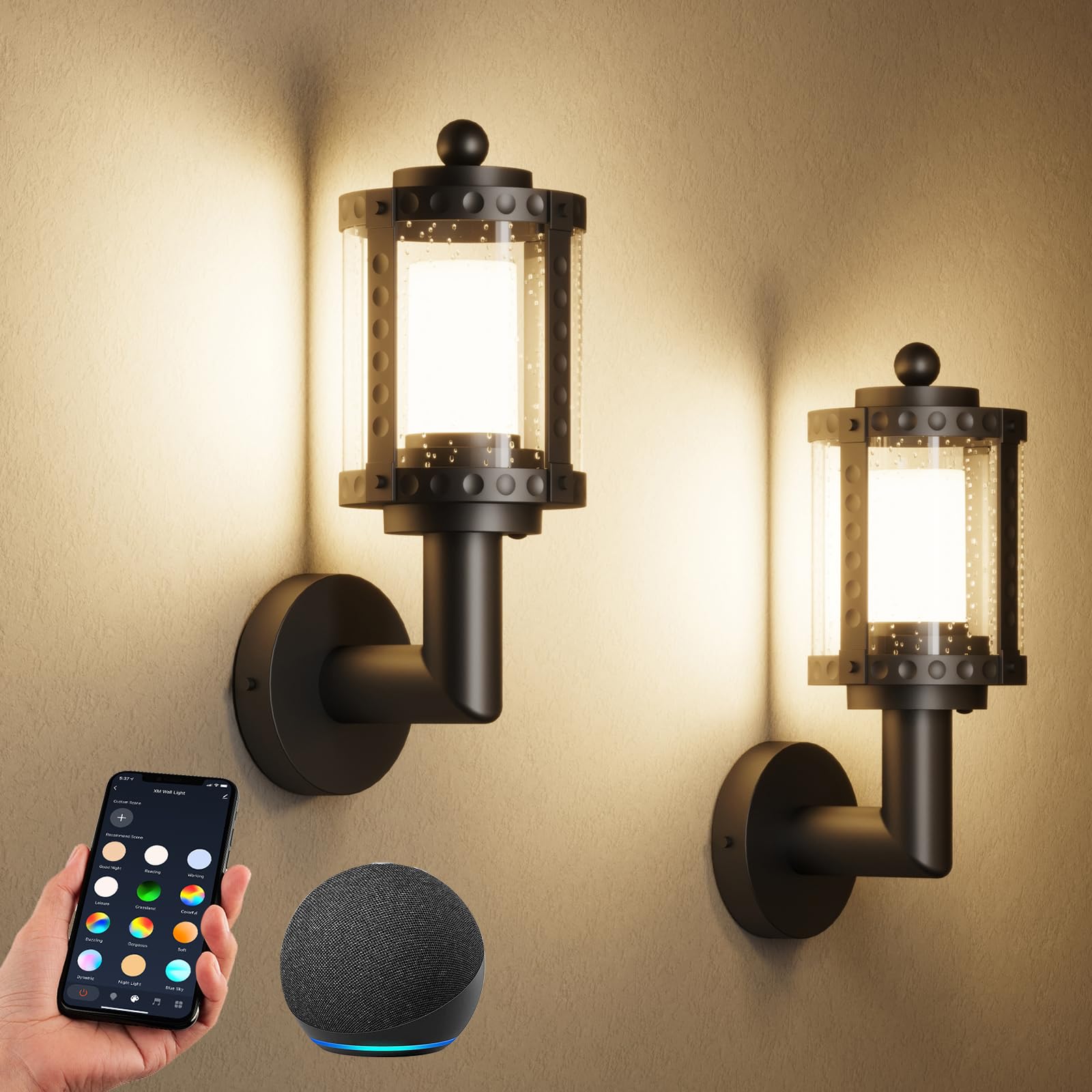 XMCOSY+ Outdoor Wall Lights, Smart Porch Lights Outdoor, RGBCW LED Sconce Lights, WiFi APP Control, Works with Alexa, IP65 Water