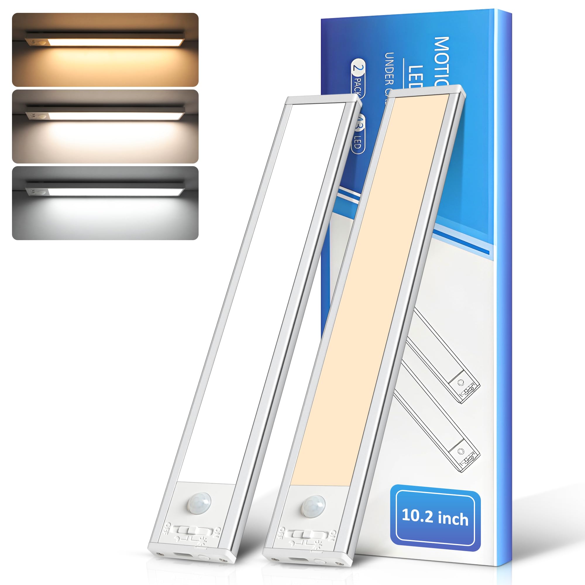 Ascher 10.2inch Under Cabinet Lights  2000mAh Rechargeable Motion Sensor Light indoor  3 Color Temperatures & Stepless Dimmable Closet Lights  Magnetic Under Counter Light for Kitchen  Silver - 2 Pack