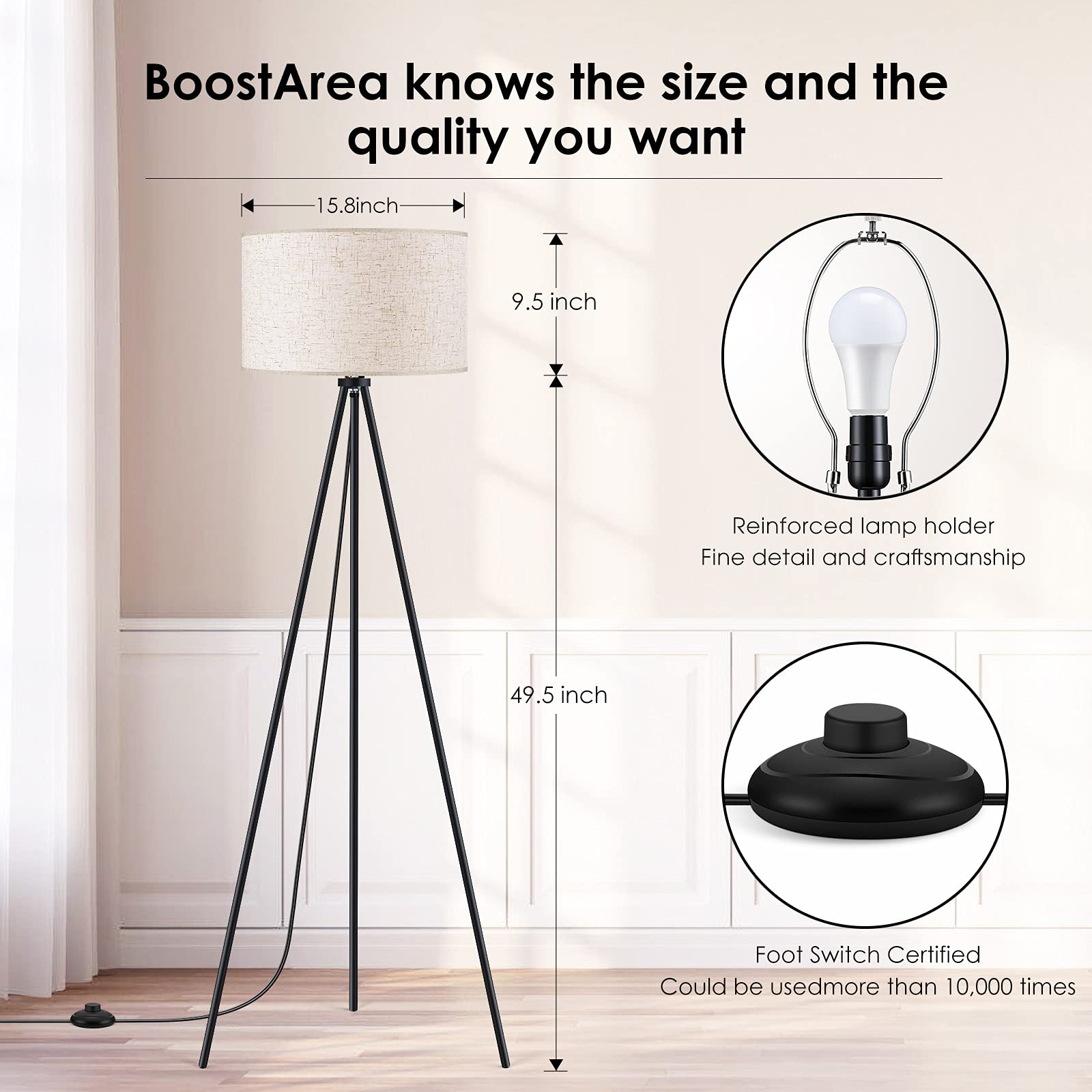 Floor Lamp For Living Room, Tripod Floor Lamp, 15W Led Bulb, 3 Levels Dimmable Brightness, Linen Lamp Shade, Mid Century Standin