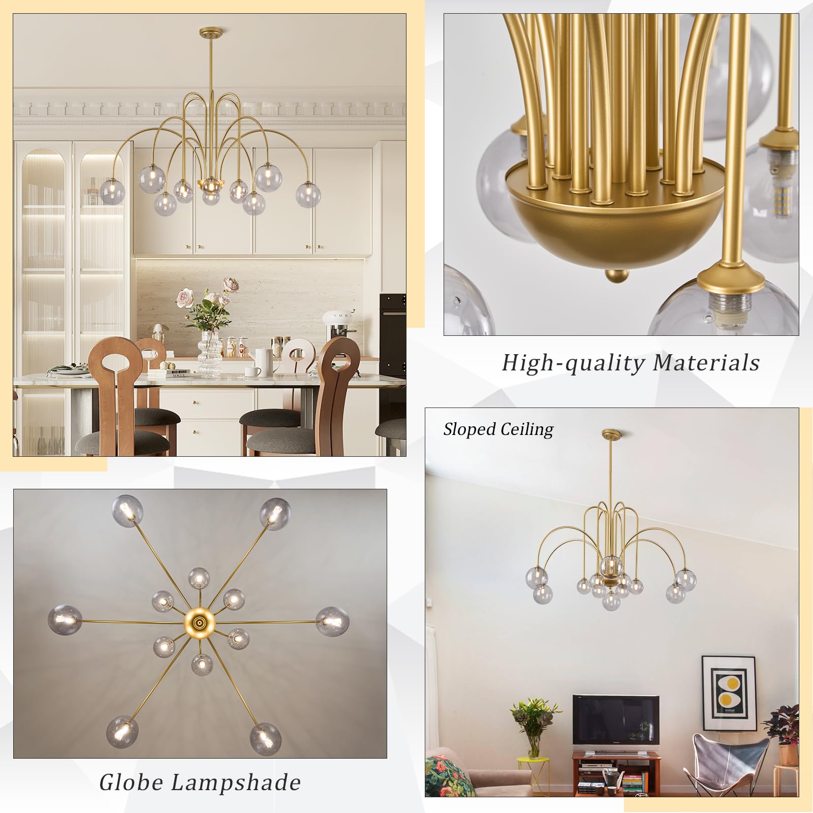 CATINER Gold Sputnik Chandelier, 12 Lights, Smoke Glass Shades, Large 52”, Model P93-12GB1, Modern Ceiling Pendant for High Ceilings