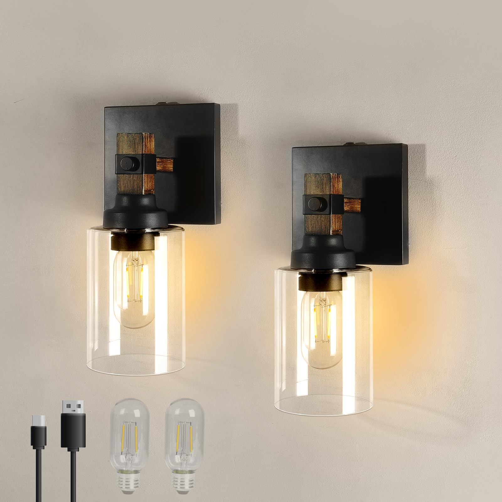 Floresita Battery Operated Wall Sconce 2-Pack, Rechargeable Cordless Lamps, Model 4001YSBD-RE, Round Design, Ideal for Bedroom & Living Room