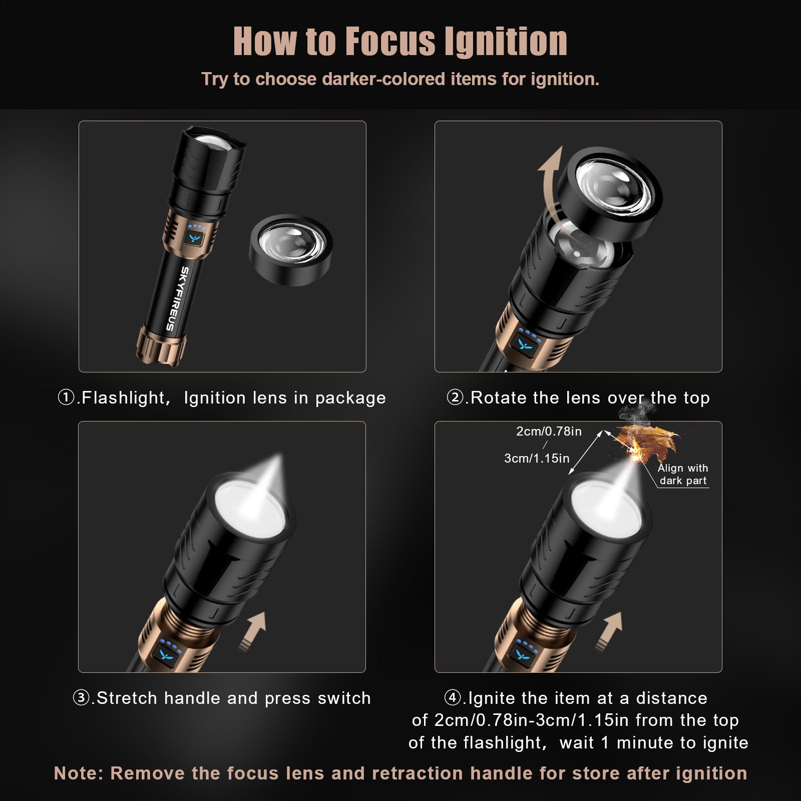 SKYFIRE Rechargeable LED Flashlight 2000lm, Zoomable, Waterproof, Aluminum Alloy, Black & Gold, Model SF-1097-Type