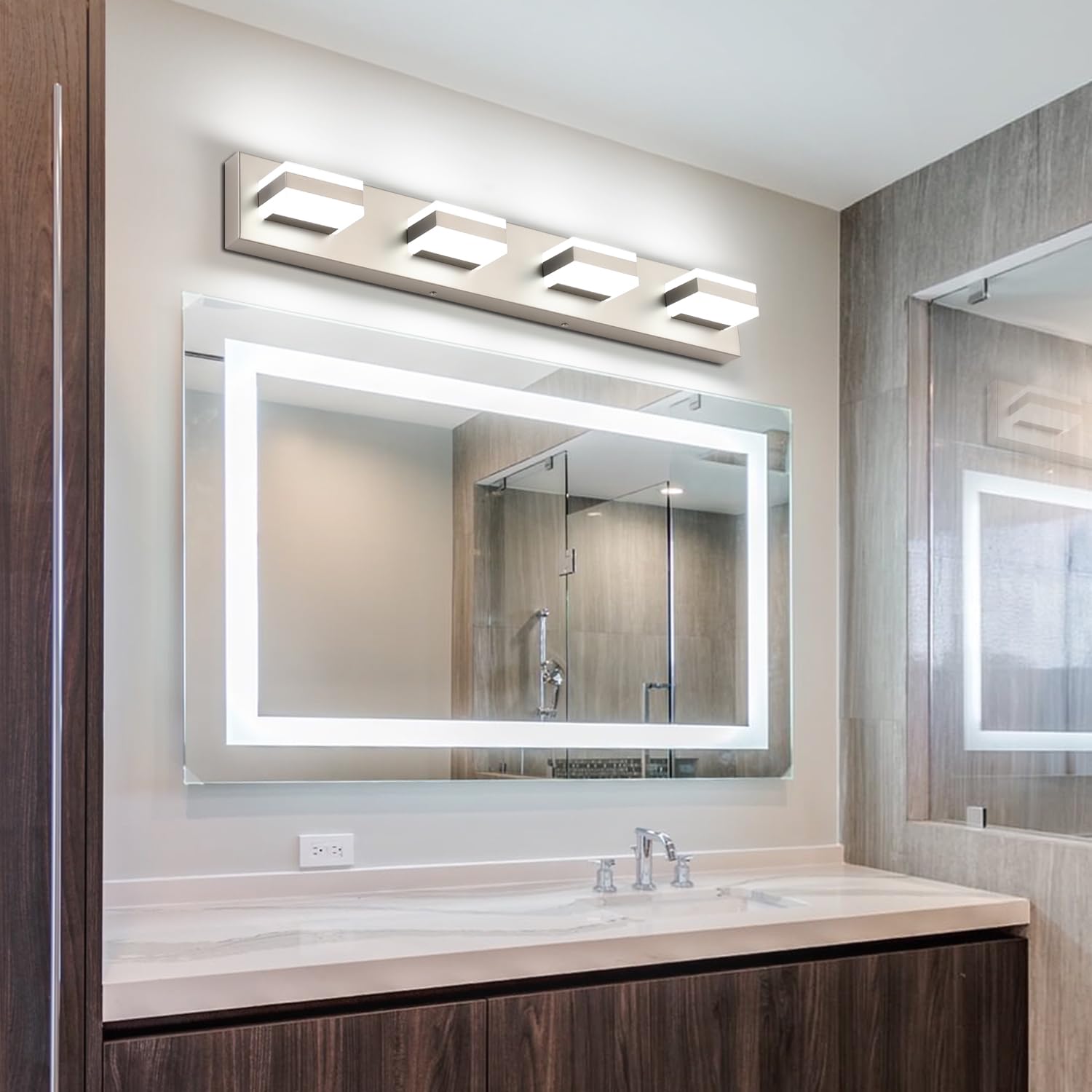 SOLFART Bathroom Vanity Lights Brushed Nickel 4-Light LED Fixture 29.5 inch Model S8568-4T-6000K-Nickel