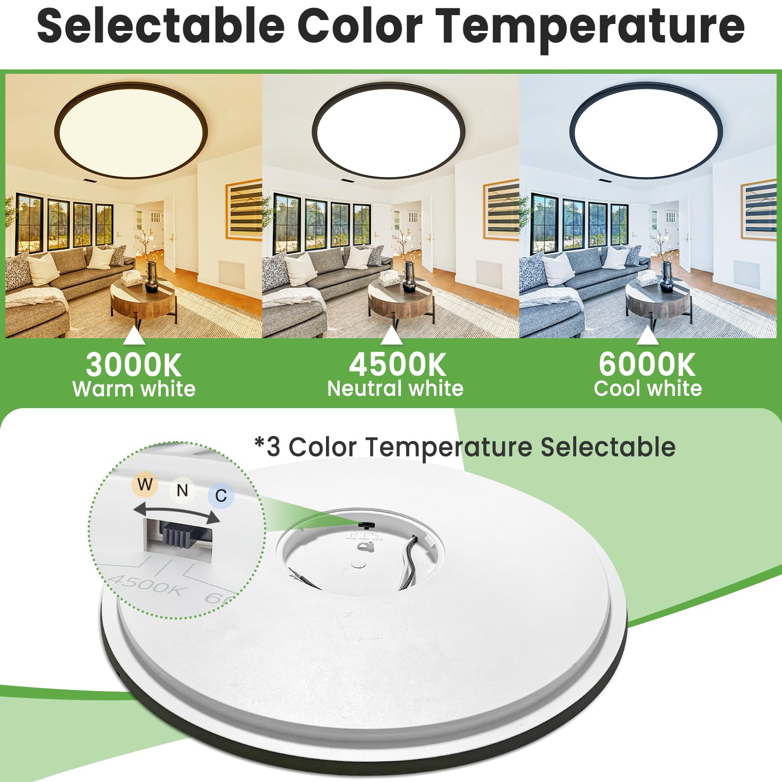 Zemty 20 Inch Led Flush Mount Ceiling Light, 50W 5000Lm Large Light Fixture, 3 Color Temperature In One 3000K 4500K 6000K Round