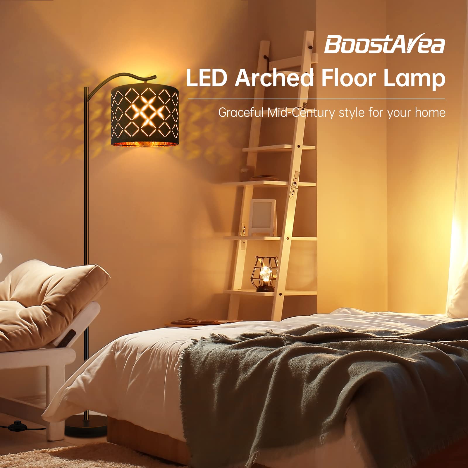 BoostArea LED Arched Floor Lamp, 8W Modern Metal Lamp with Bohemian Linen Shade, Footswitch, Laser Square Shade for Living Room & Office