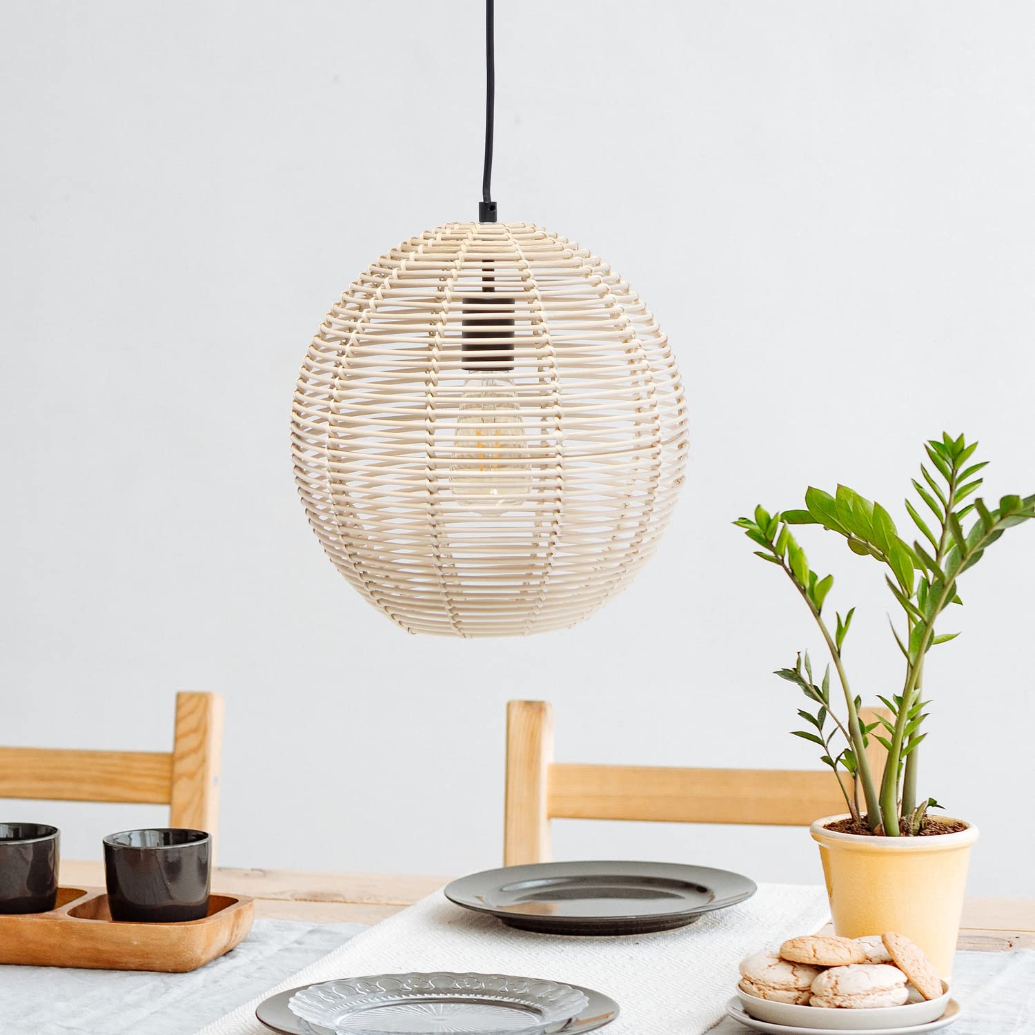 Lalia Home Rattan Pendant Light - Ball Shaped, Natural Finish, 12" x 12" x 60", Model LHP-3005-NA
