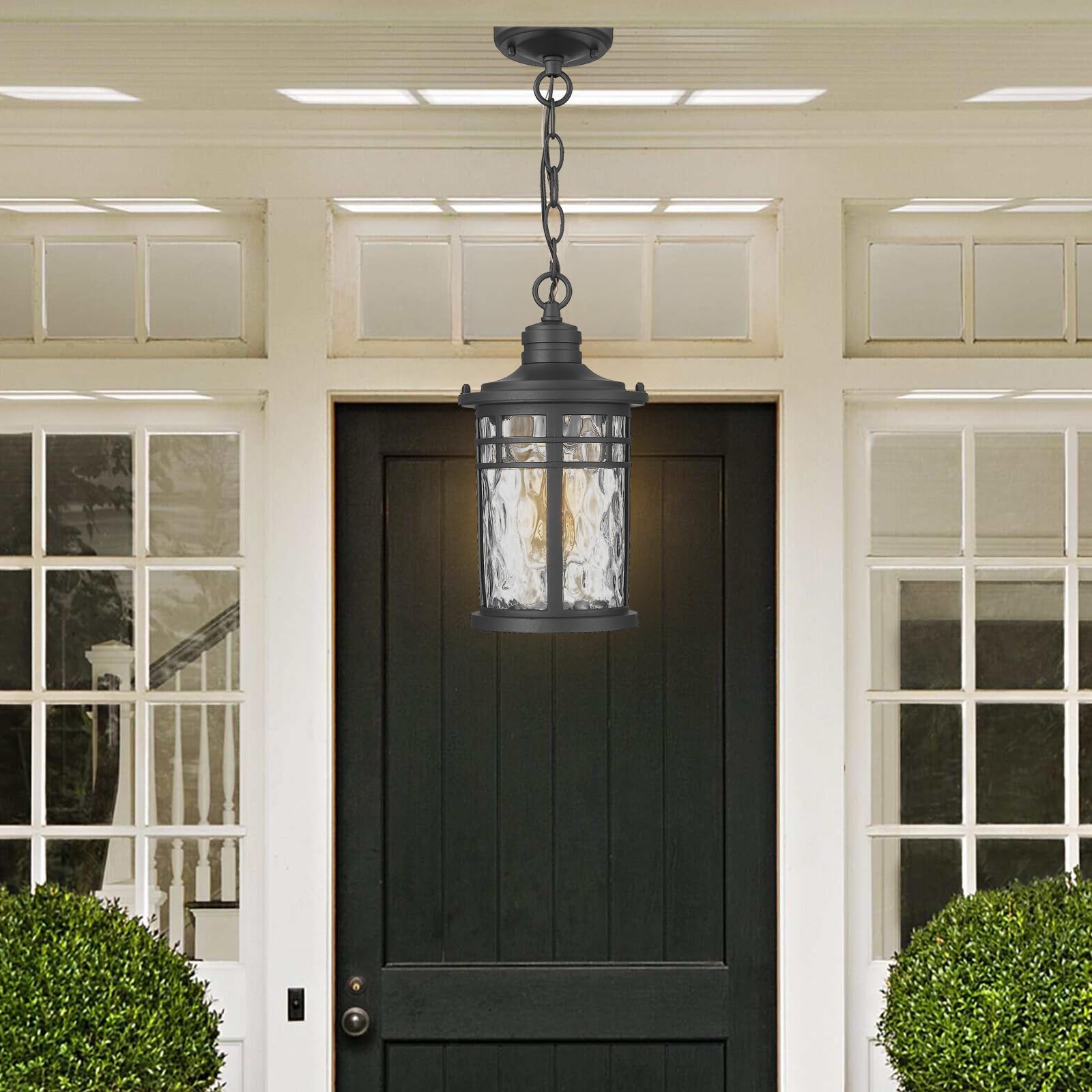 Darkaway Outdoor Pendant Lights - Black Aluminum Chandelier with Water Ripple Glass, Medium Size for Porch & Patio, Model 6X20H