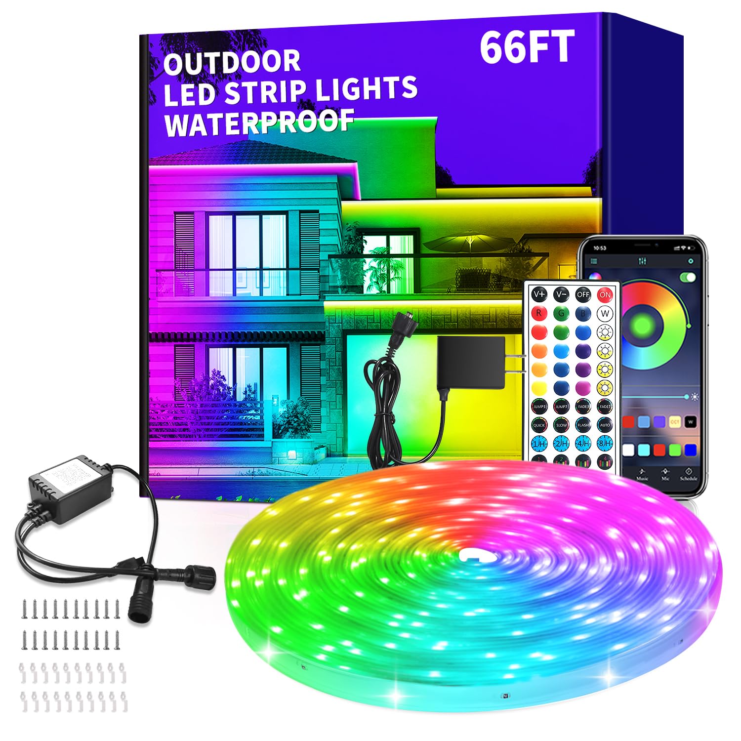 vimeepro LED Strip Lights 66ft Waterproof RGB Color Changing with App/Remote Control, Music Sync, Model vimeepro-ledFS66FT04