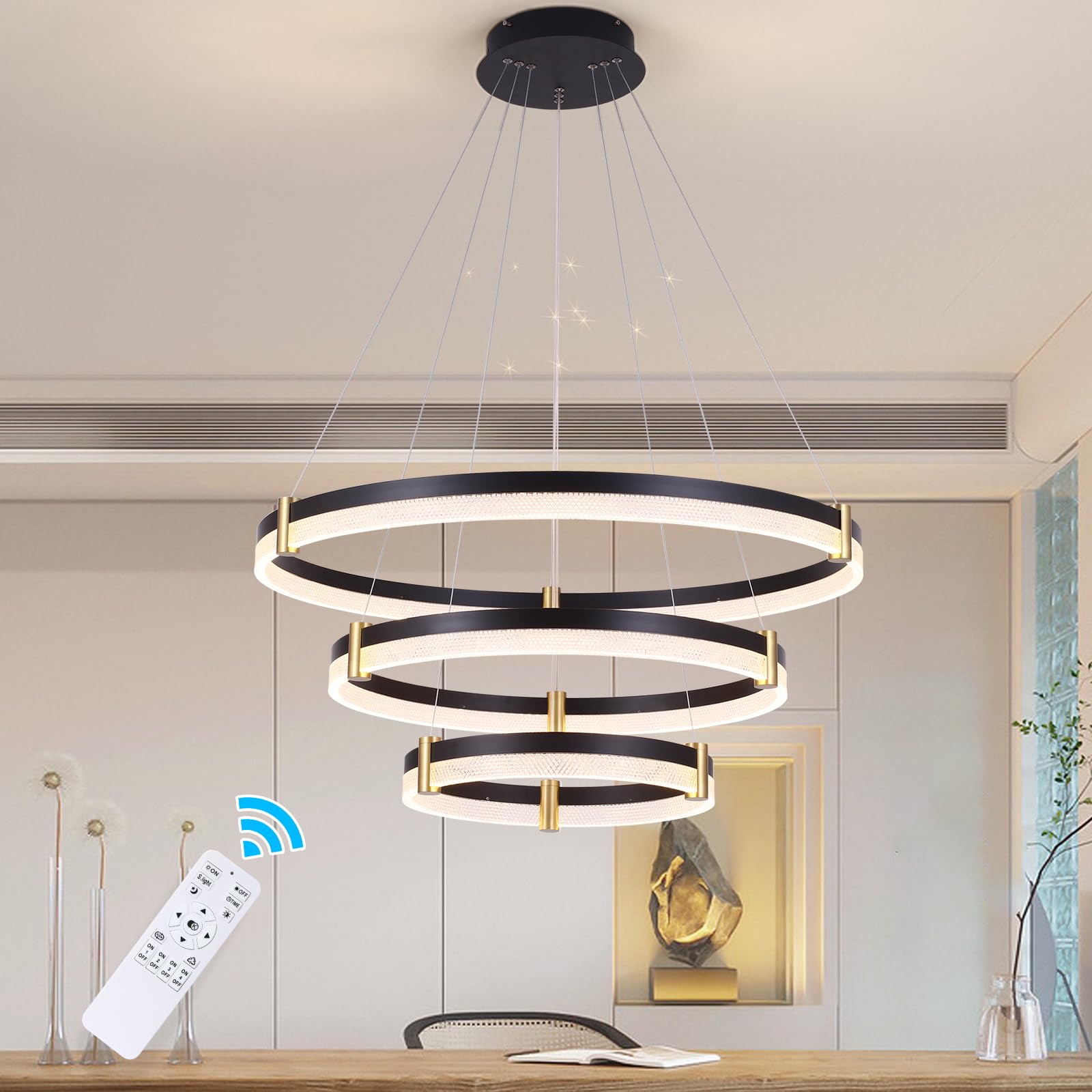 Siittoo Modern Crystal Chandelier Light Fixture  Dimmable Led Acrylic Pendant Lighting  Adjustable Black Chandelier For Dining Living Room Bedroom Kitchen (3 Rings  57W  F31.5+23.6+15.8)