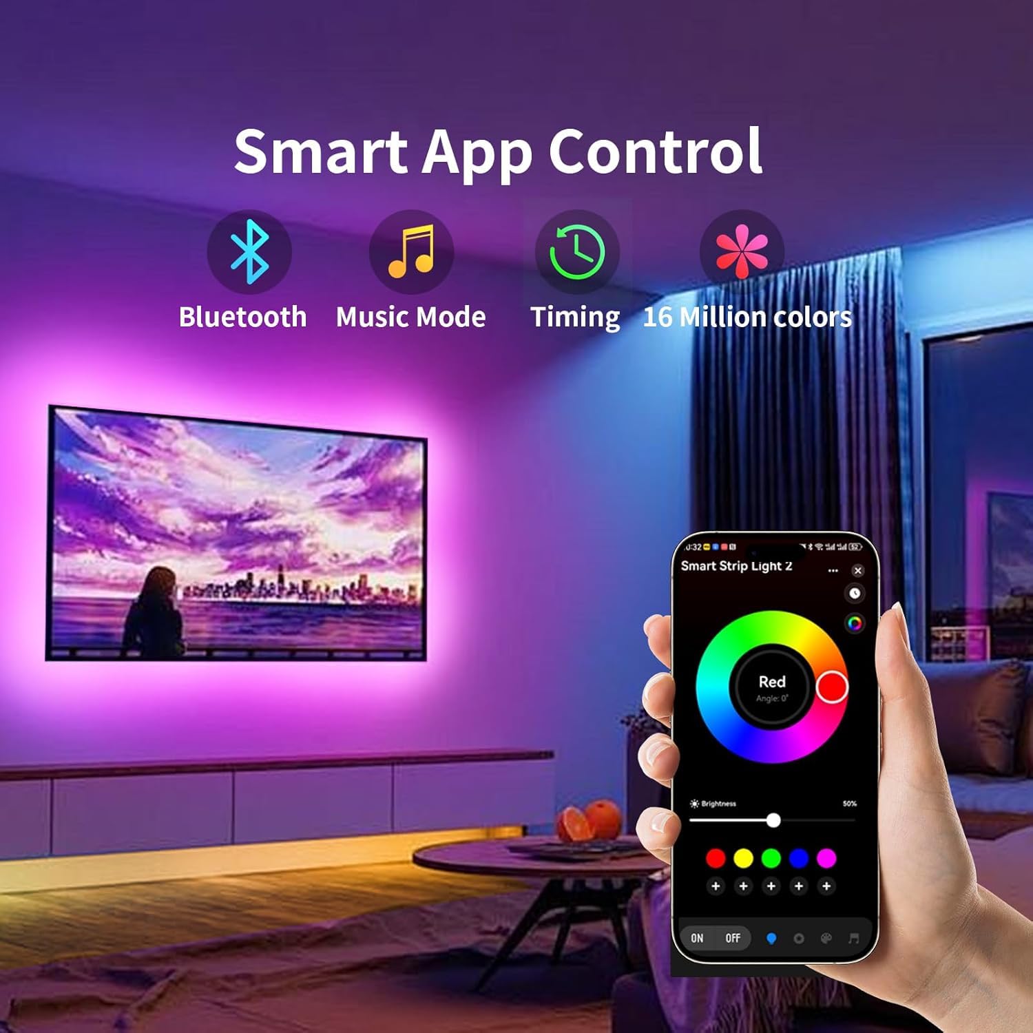 KSIPZE LED Strip Lights for TV, 16.5ft RGB Backlight, Music Sync, Bluetooth Control, USB Powered for 45-75 Inch TVs, Multicolor
