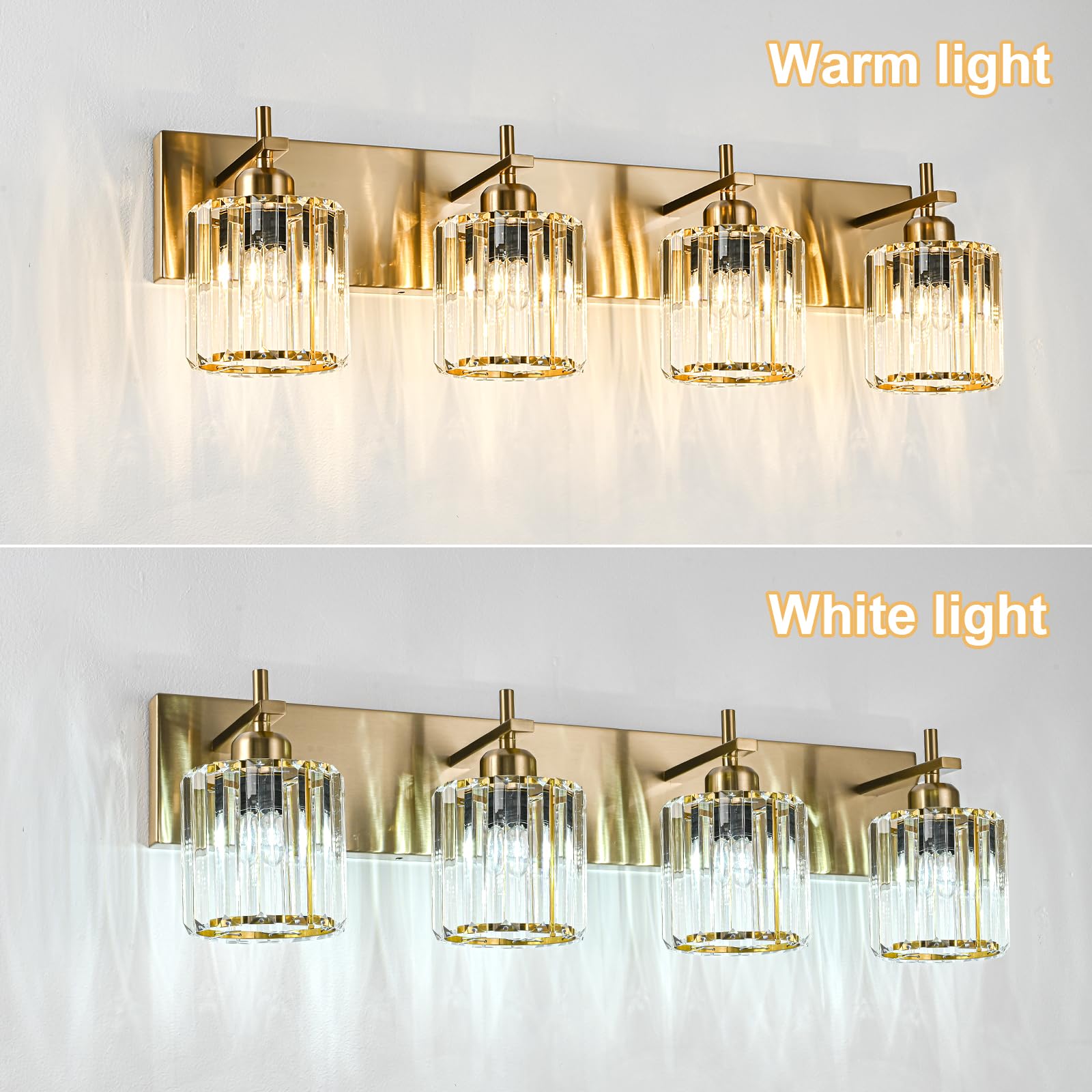 HUOKU Modern Crystal Bathroom Vanity Lights, 4-Light, Gold Finish, Metal and Crystal, Over Mirror Fixtures