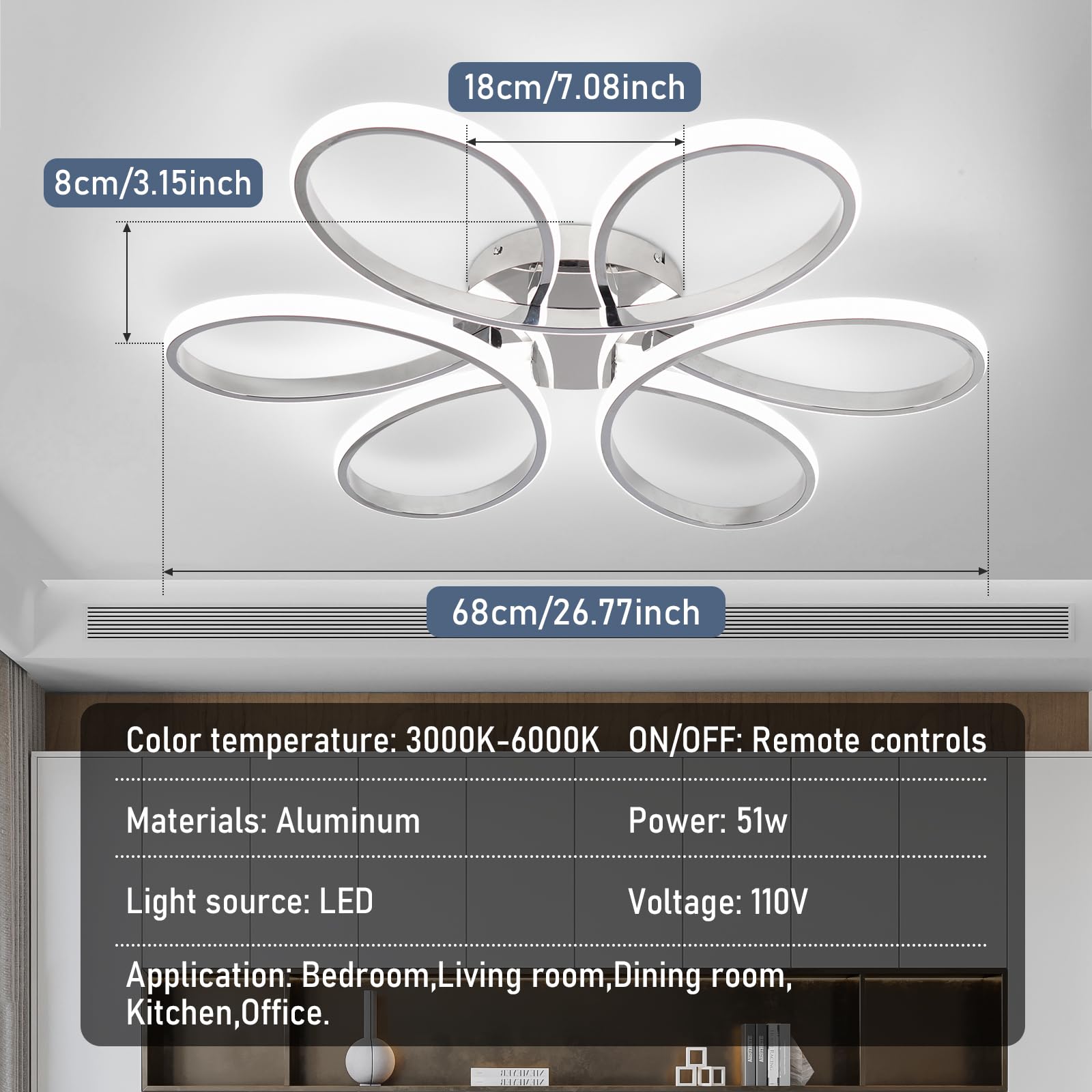 Hlilceh 26Inch Modern Led Ceiling Light, 6 Rings Flower Flush Mount Light Fixture With Remote Control Chrome Dimmable Ceiling La