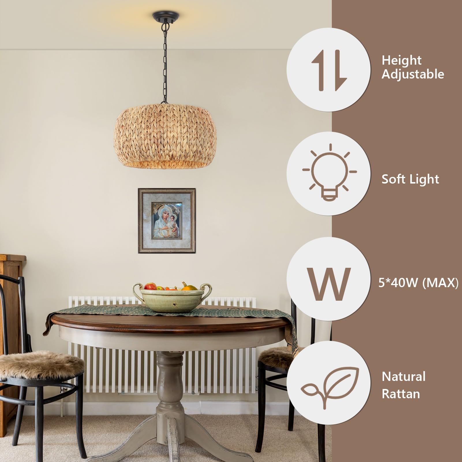 Pauful Farmhouse Boho Chandelier, 5-Light With Water Hyacinth Lampshade, For Dining Room, Kitchen Island, Bedroom, Living Room