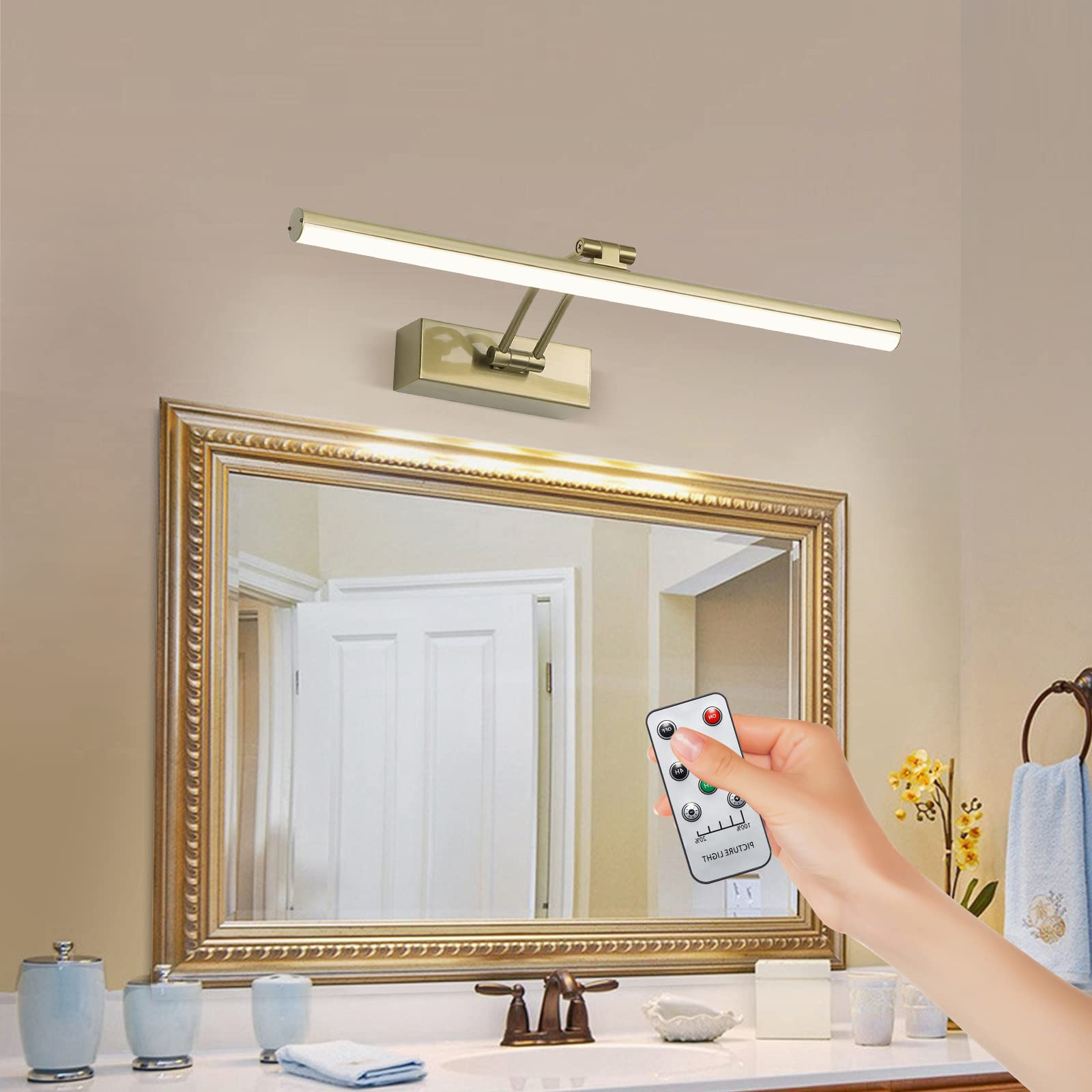 FUNCHDAY Wireless Picture Light, Dimmable, 16in Full Metal Art Light, Rechargeable, Antique Brass, Model FC80109AB