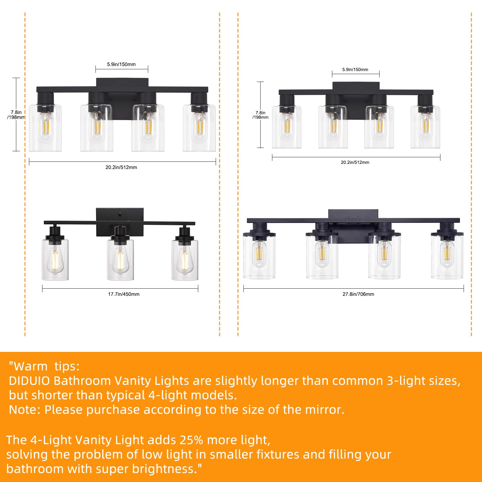 Diduio Black Vanity Lights For Bathroom 4 Light Bathroom Vanity Light Classic Bathroom Lighting Fixtures Over Mirror Farmhouse Vanity Lights With Clear Glass Shade