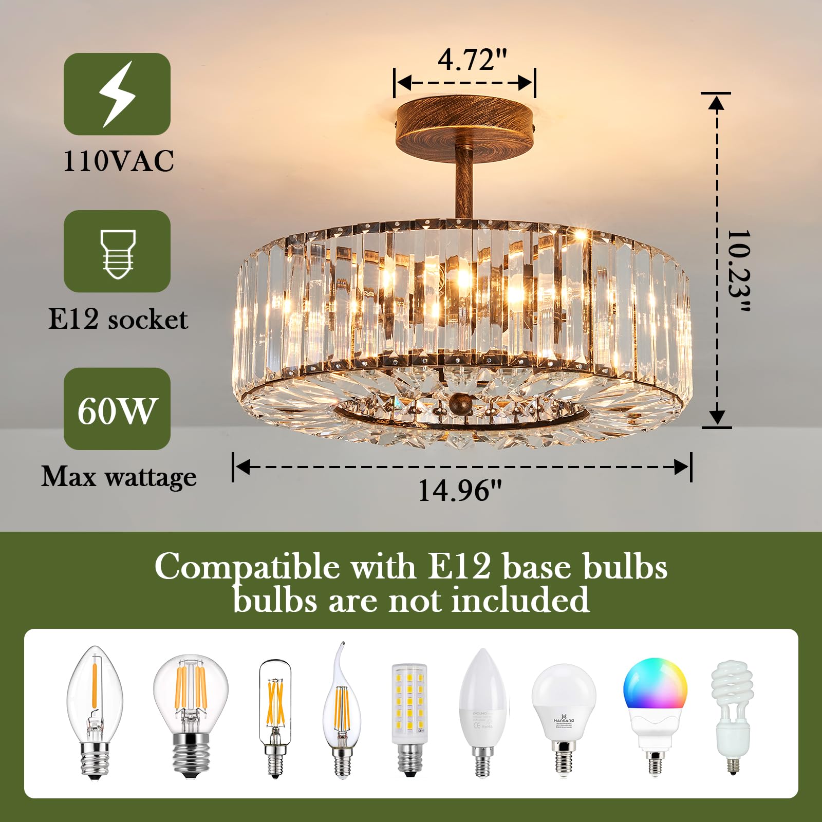 Piepooye Modern Crystal Chandelier, Oil Rubbed Bronze, Semi Flush Mount, R-2147, Farmhouse Lighting for Dining Room, Living Room, Kitchen