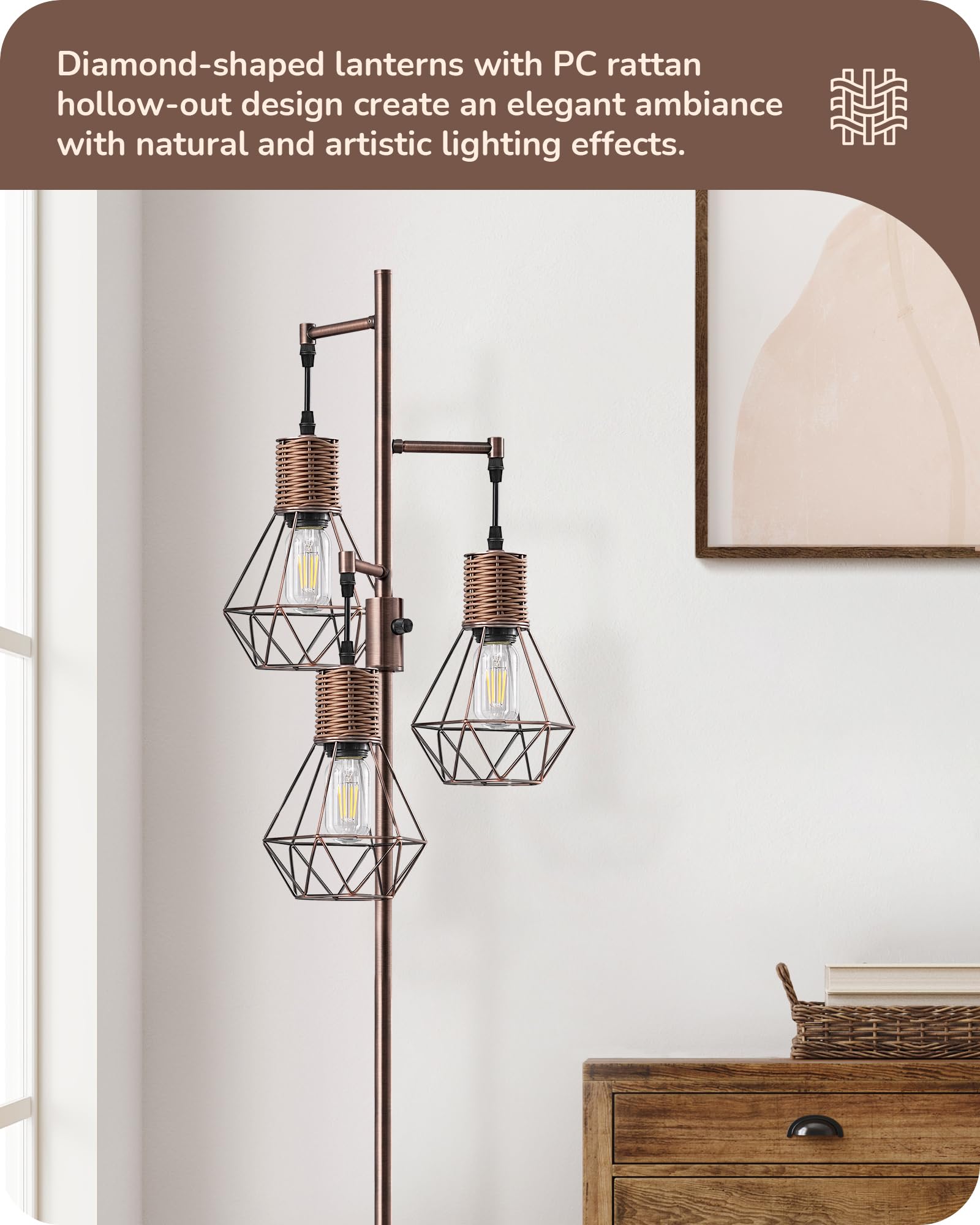 Edishine Farmhouse Floor Lamp Dimmable, Industrial Standing Lamp For Living Room, Diamond-Shaped Cage, Corner Rustic Rattan Tall