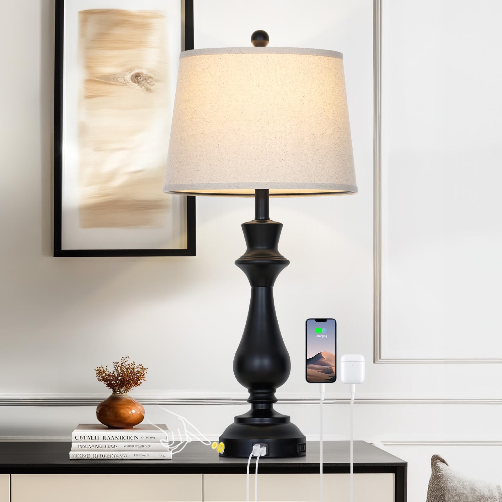 Cinkeda Touch Lamps for Night Stand - 29.5 Tall Bedside Lamp with USB C+A  3 Way Dimmable Bedroom Lamps  Black Metal Table Lamps for Living Room Single Black
