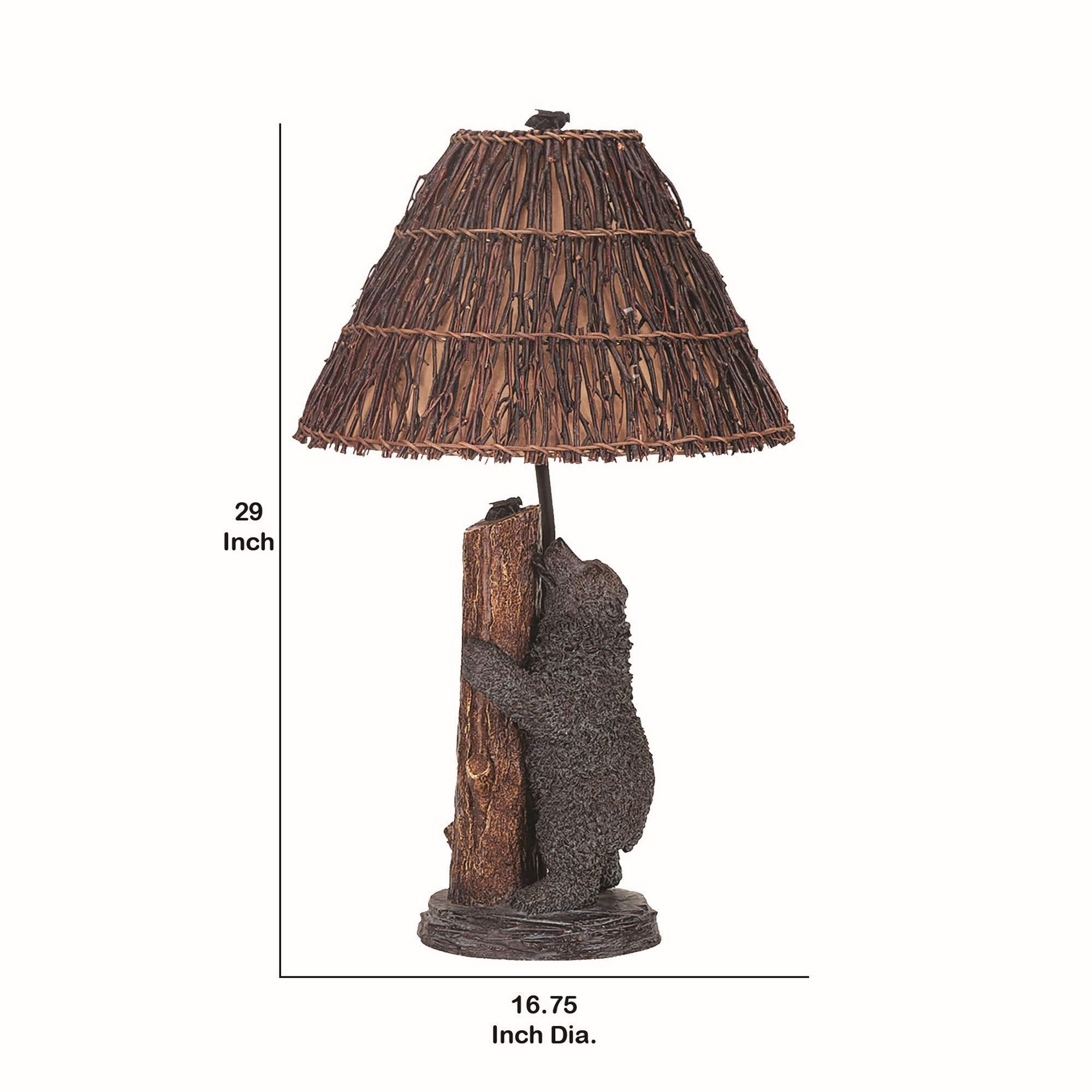 Benjara 150 Watt Resin Bear Body Table Lamp With Twig Shade, Gray And Brown