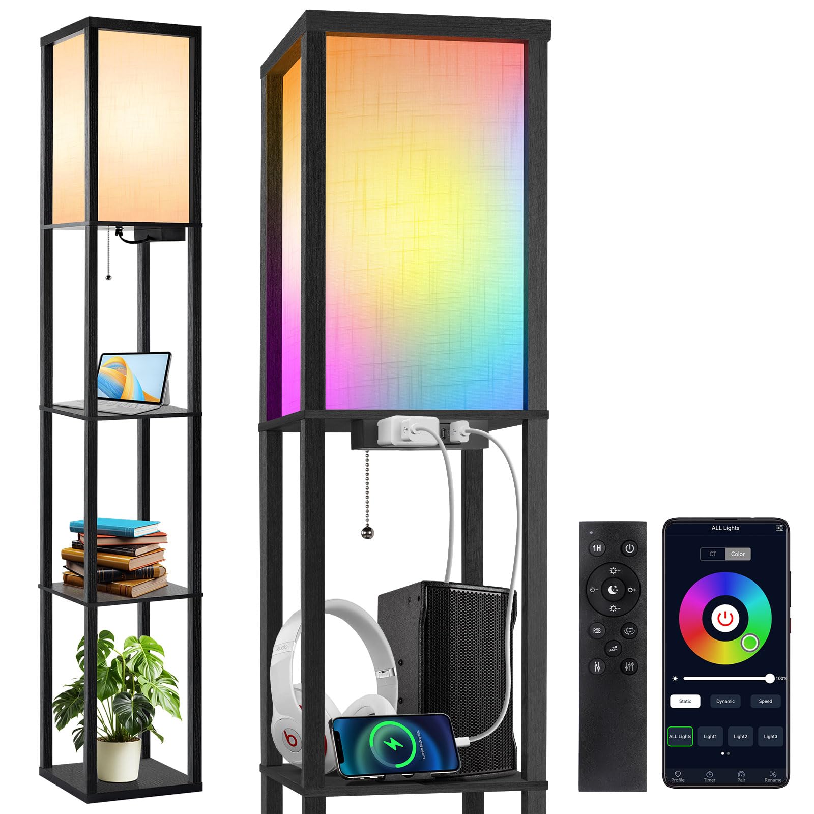 OUTON Floor Lamp with Shelves, LED Dimmable Floor Lamp with Remote & App Control, Charging Station, Color Changing, Wood Column 