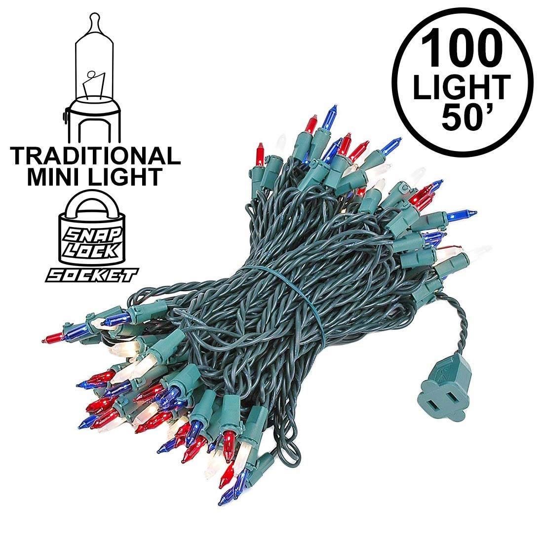 Novelty Lights 100 Light Mini String Light Set, 50 Long, UL Listed, Green Wire, Red/White/Blue, Model MRD-25B-4, Indoor/Outdoor