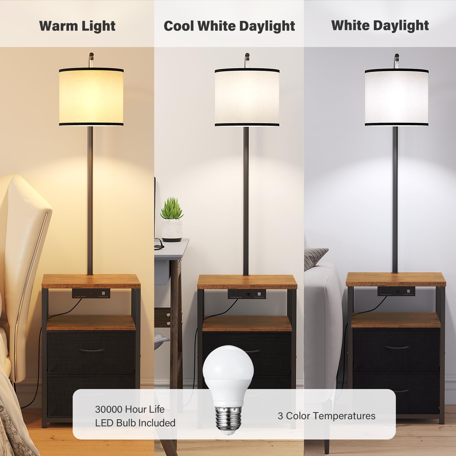Sunmory Floor Lamp With Table & 2 Drawers, Lamp With Usb Port And Outlet, Nightstand With 3 Color Temperature Led Bulb Included,