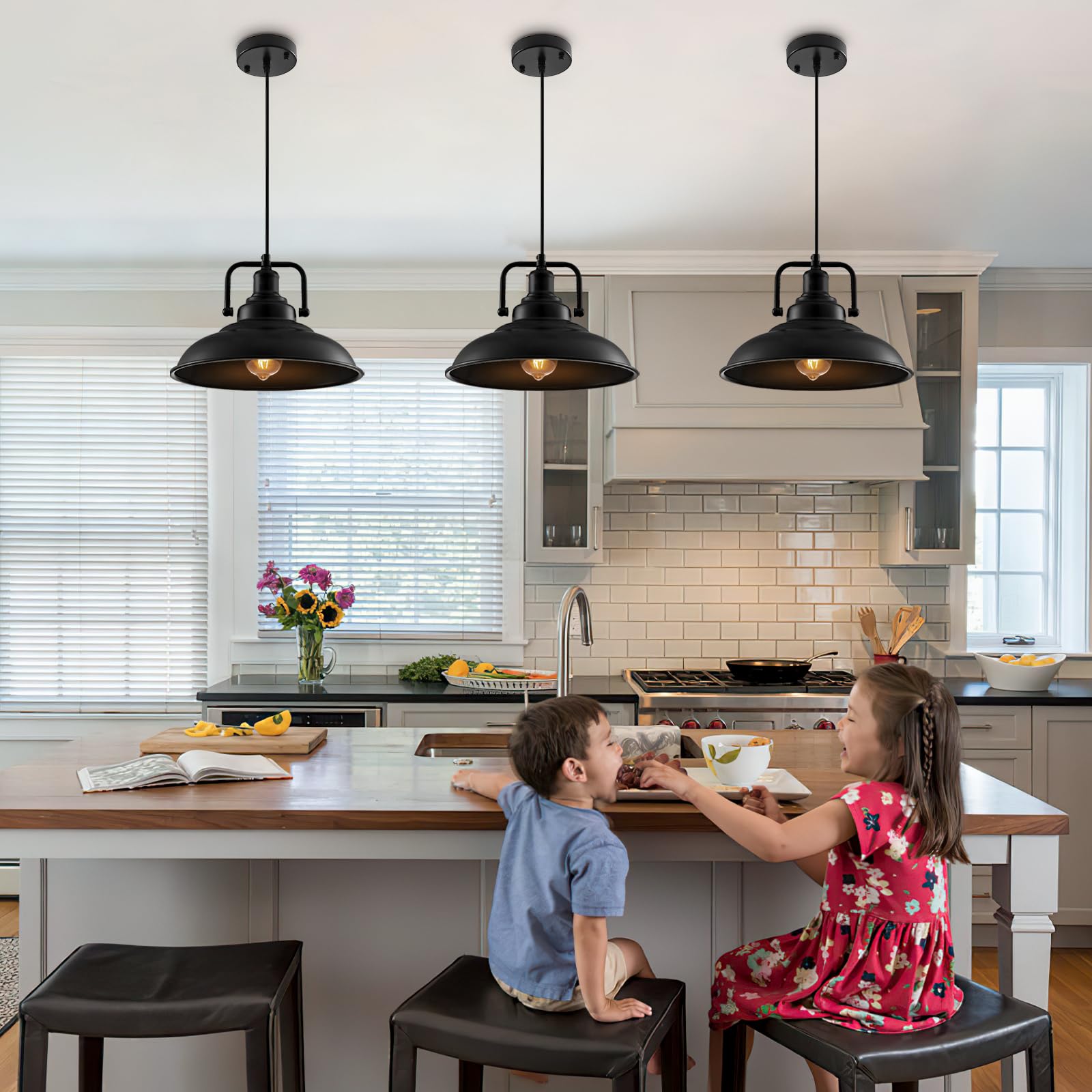 Sesiment Black Pendant Light Fixtures 12.5 Inches 3 Packs,Matte Pendant Lights Kitchen Island,Industrial Pendant Light,Vintage F