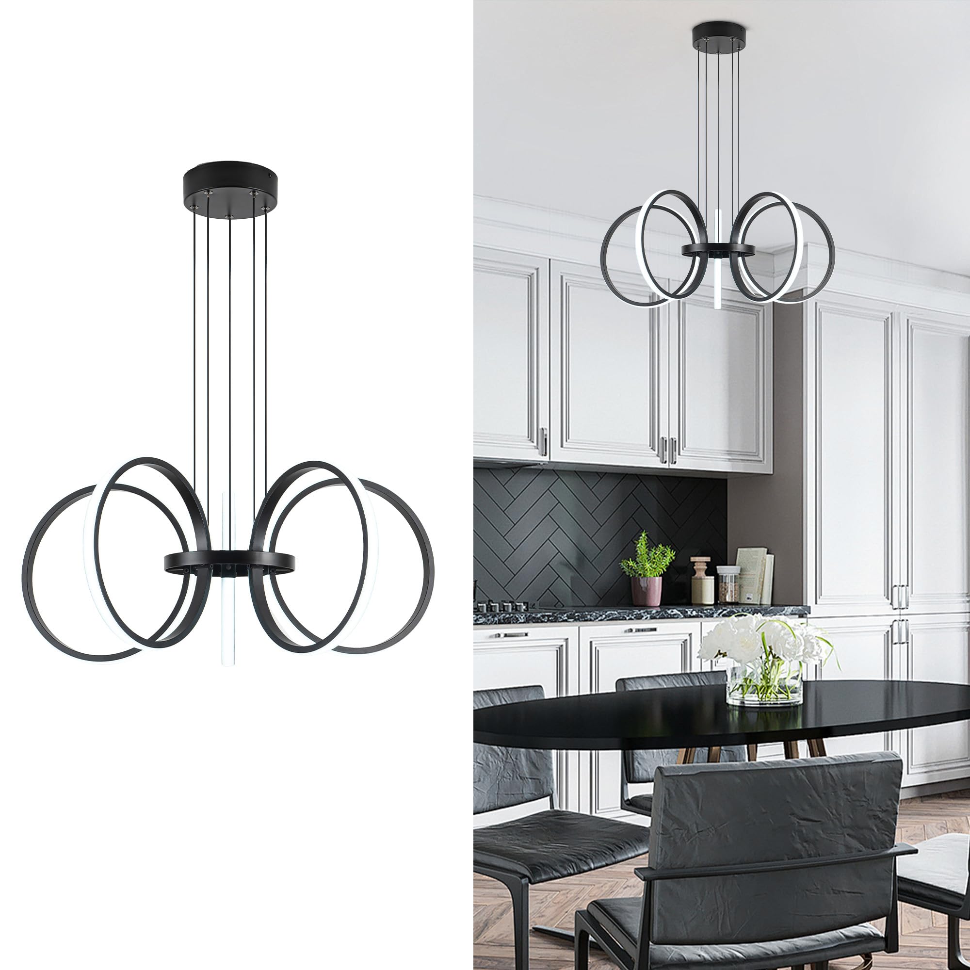 Mayful Modern LED Chandelier, Black Pendant Light with 5 Rings, Adjustable Height Modern Chandeliers for Dining Room Living Room