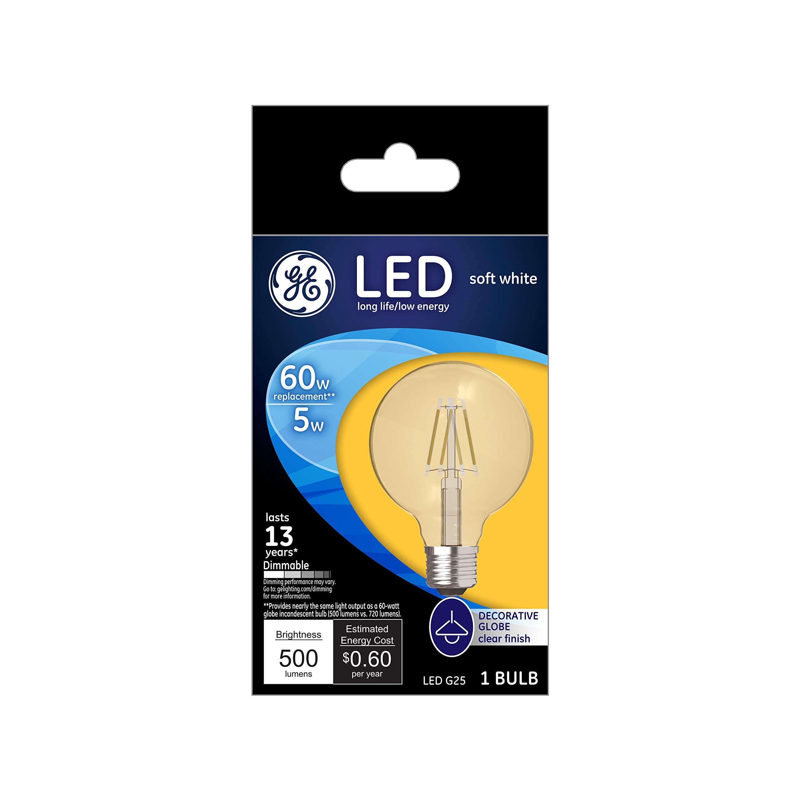 Ge Lighting Led Globe Light Bulbs, G25 Bulb, 5 Watt (60 Watt Equivalent) Soft White, Clear Finish, Medium Base, Dimmable (1 Pack