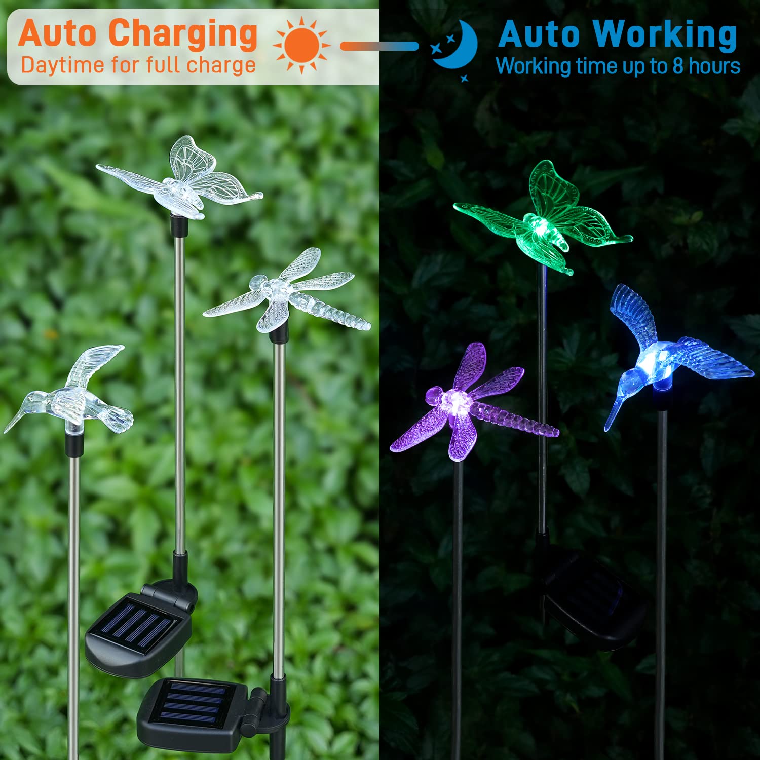 OxyLED Solar Garden Lights, 6 Pack Color Changing LED Hummingbird & Butterfly, Waterproof Plastic, One Size, Multicolor