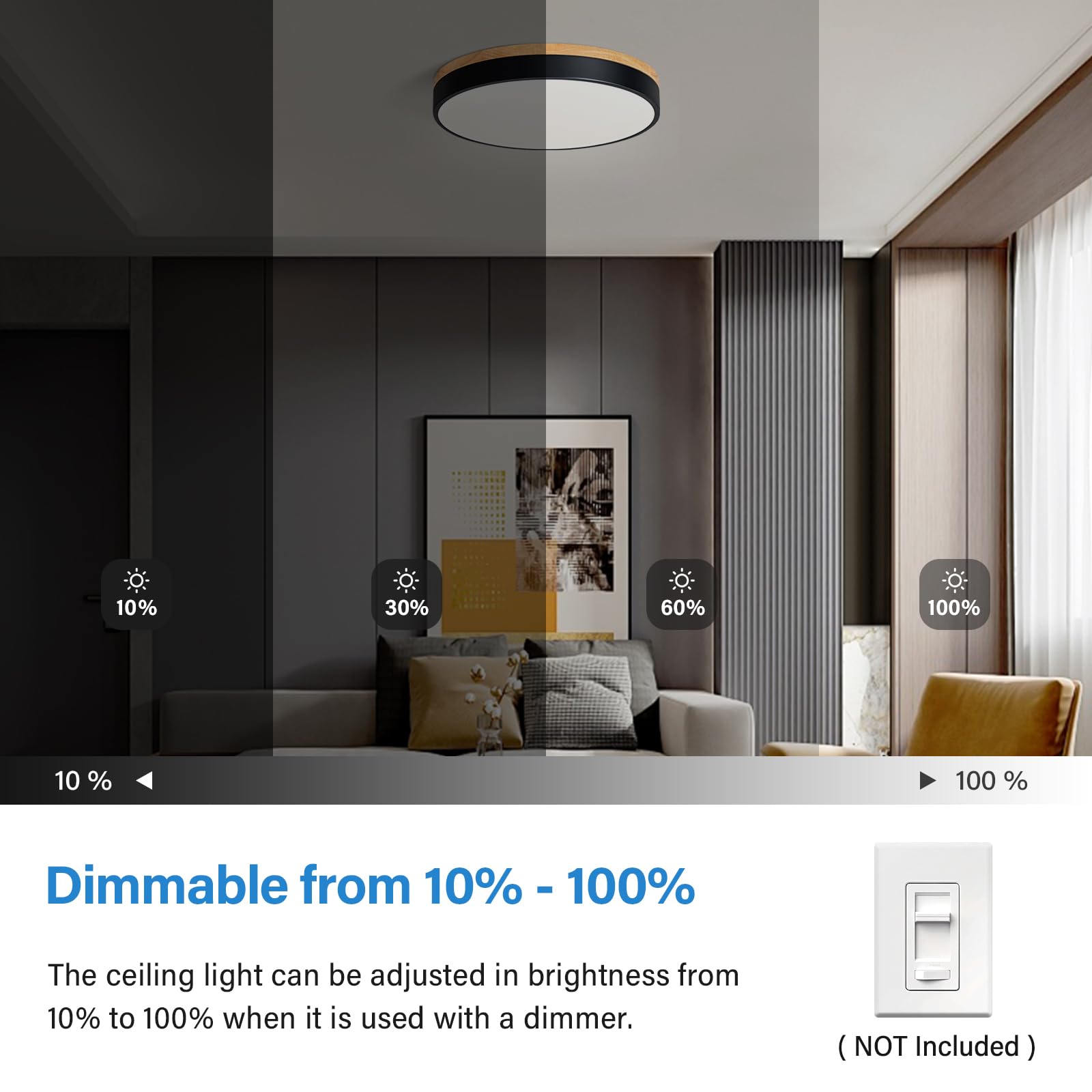 Teminbu Dimmable Wood Led Ceiling Light, 5Cct 2700K-6000K Modern Black Flush Mount Ceiling Light, Minimalist Round Close To Ceil