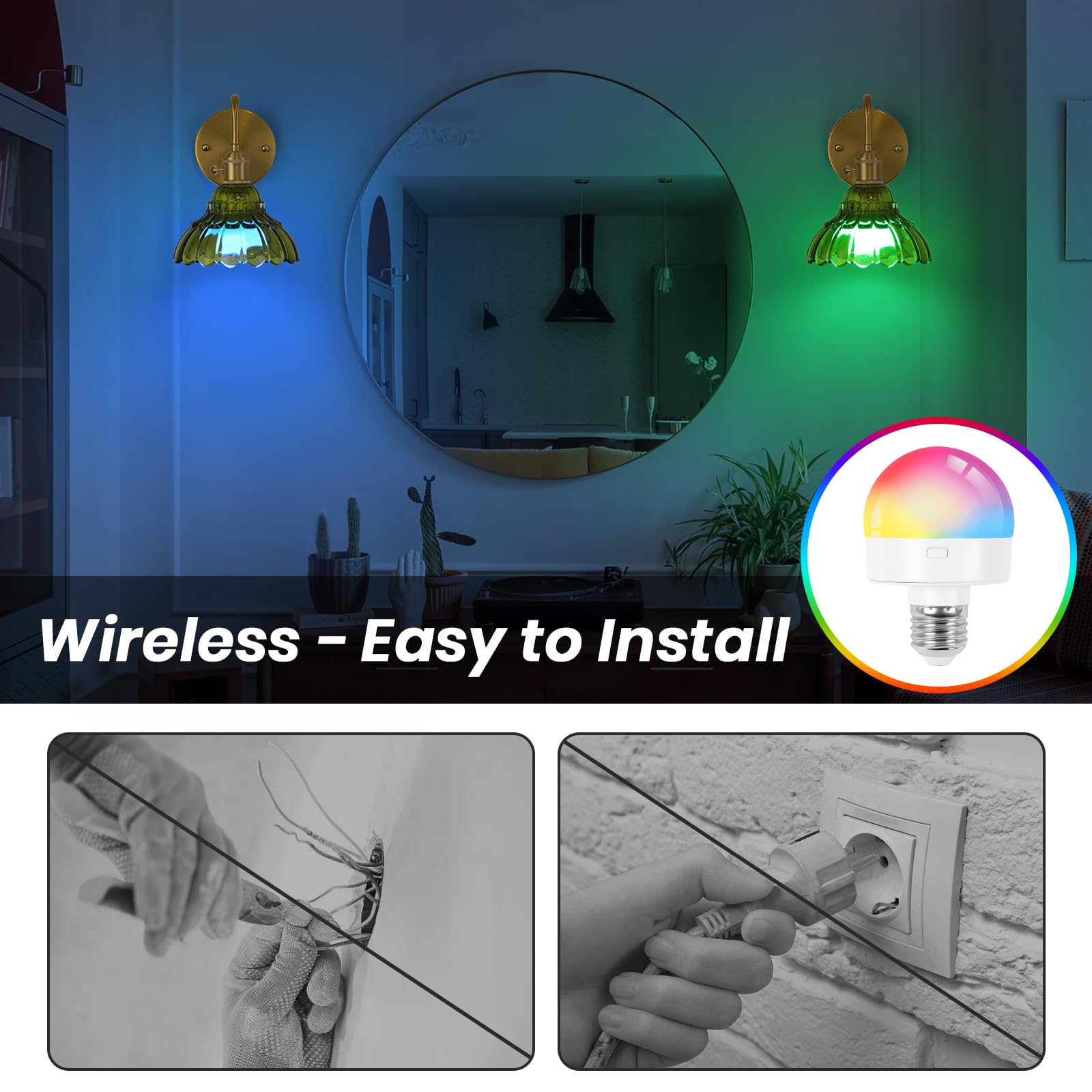 EIDEARAY Vintage Battery Operated Wall Sconces, Rechargeable Wireless RGB Lamps, Dimmable Remote, Brass Green Glass, Model WL-FBBL-DG