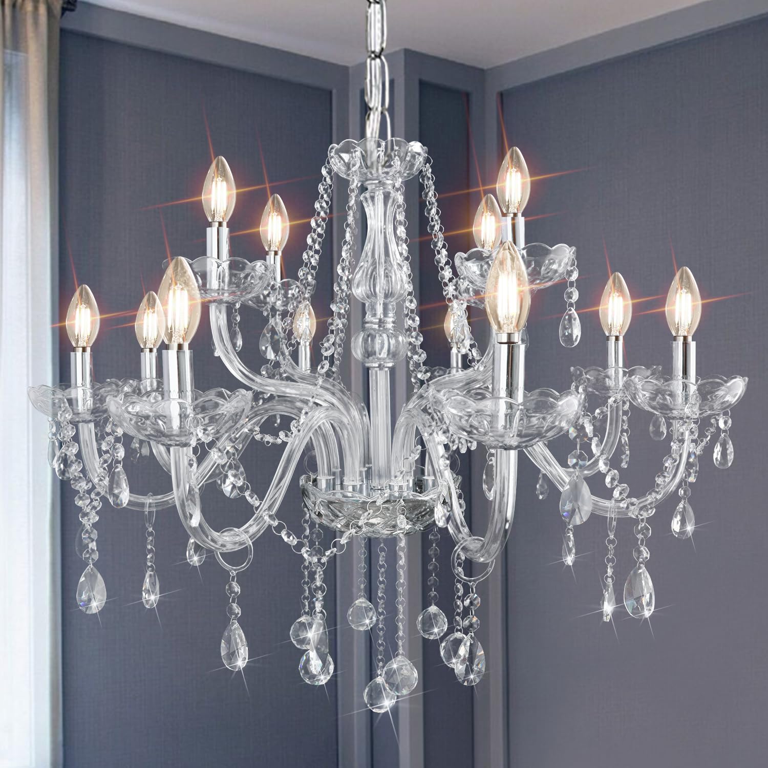 Gorgeous Vintage Crystal Chandelier 12-Lights K9 Large Crystal Candle Chandelier Pendant Ceiling Light Fixture for Living Room D