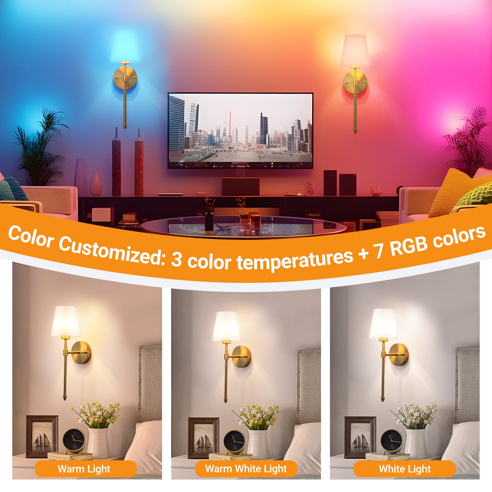 Battery Operated Wall Sconces Set Of 2, Wireless Battery Wall Light With 10000mAh RGB Rechargeable Magnetic Bulb, Rechargeable W