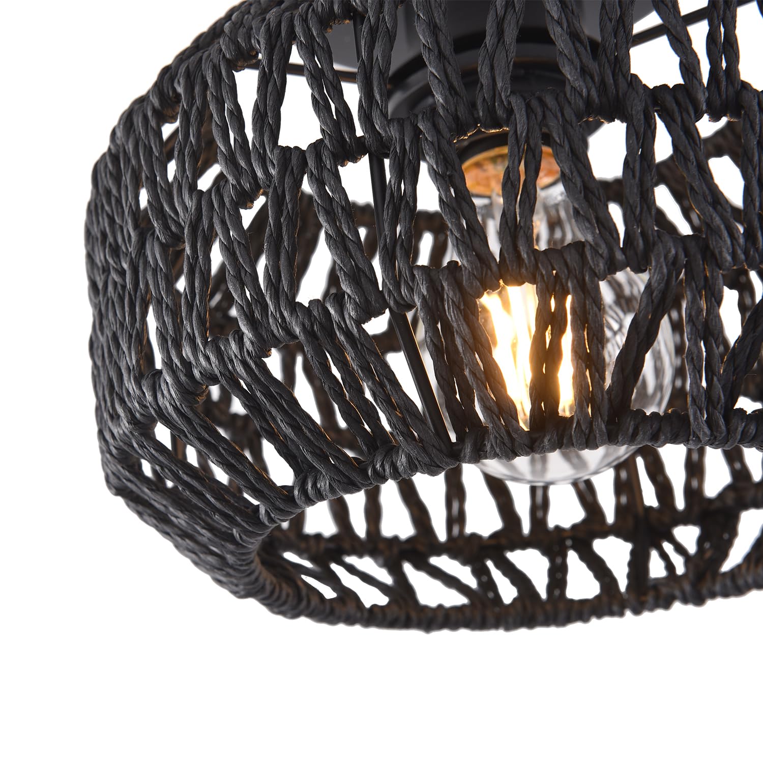 Ihengyanlt 1 Pack Farmhouse Light Fixtures Ceiling Mount,Black Mini Rattan Boho Semi Flush Mount Ceiling Light,Hand Woven Hallwa