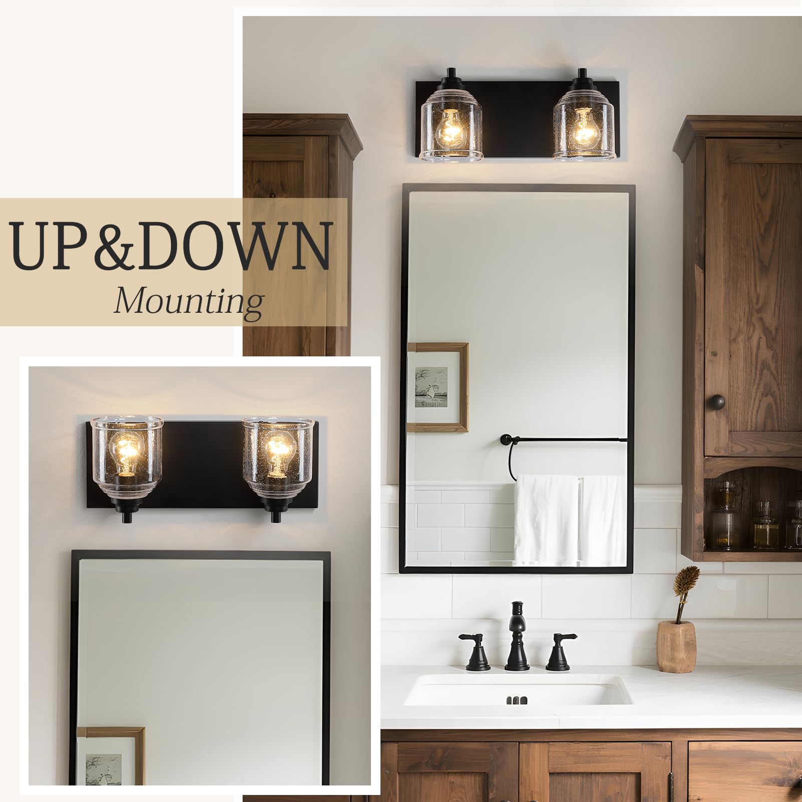 YKLITG Vanity Lights for Bathroom, 48 inch, 6-Light, Black Metal, Rustic Bubble Glass Shades, Model BD005 S