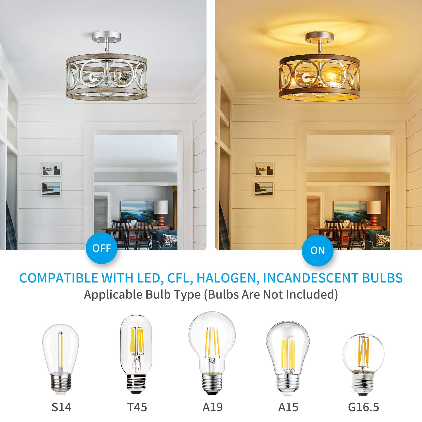 XINGQI Modern 3-Light Ceiling Light Fixture, Brushed Nickel & Wood Grain, Semi Flush Mount for Kitchen, Dining Room, Bedroom