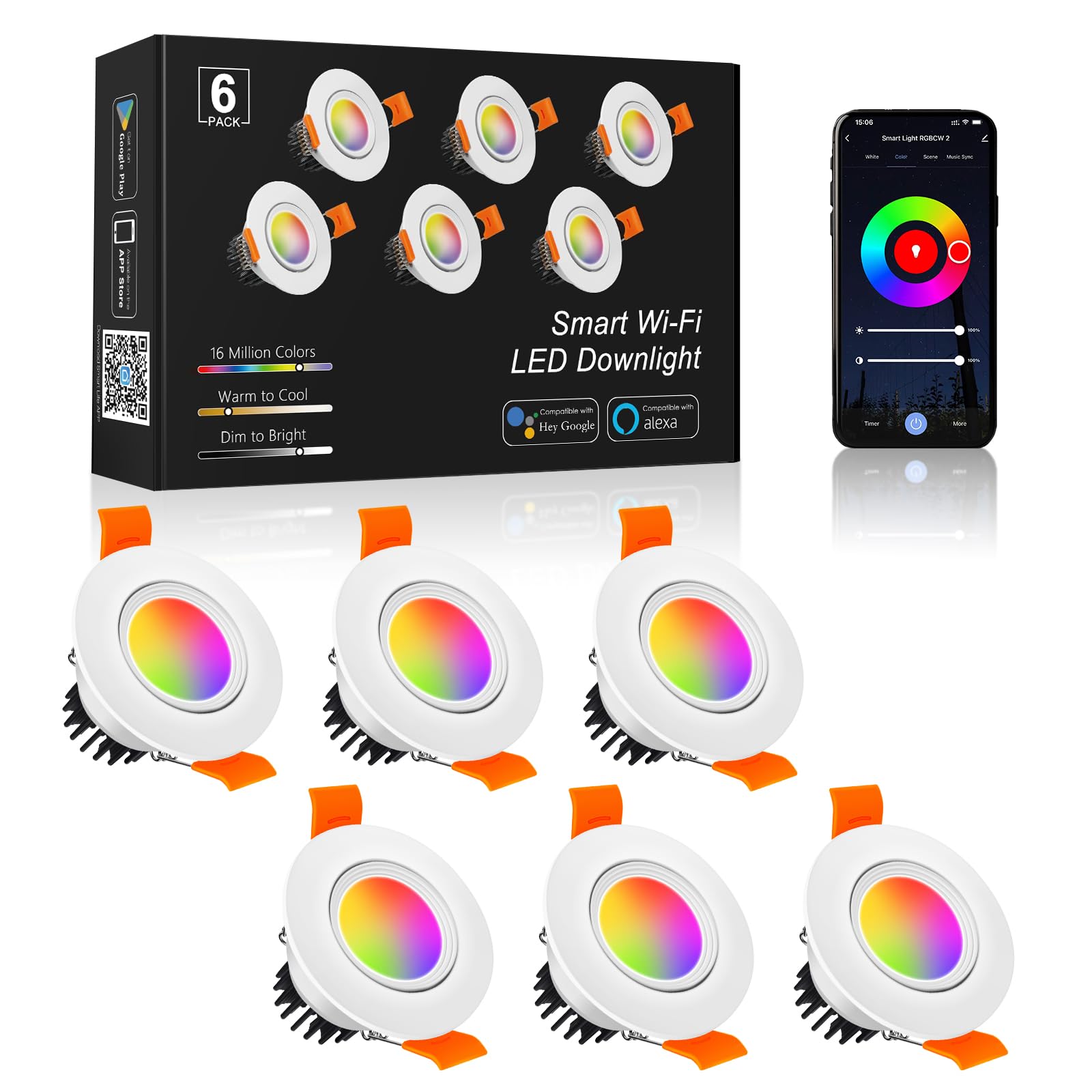 6 Pack 2 Inch Smart LED Recessed Lighting  5W WIFI Recessed LED Lights  Dimmable RGB & CCT 2700-6500K Color Changing  110V Recessed Light Compatible with Alexa and Google Home  with LED Driver