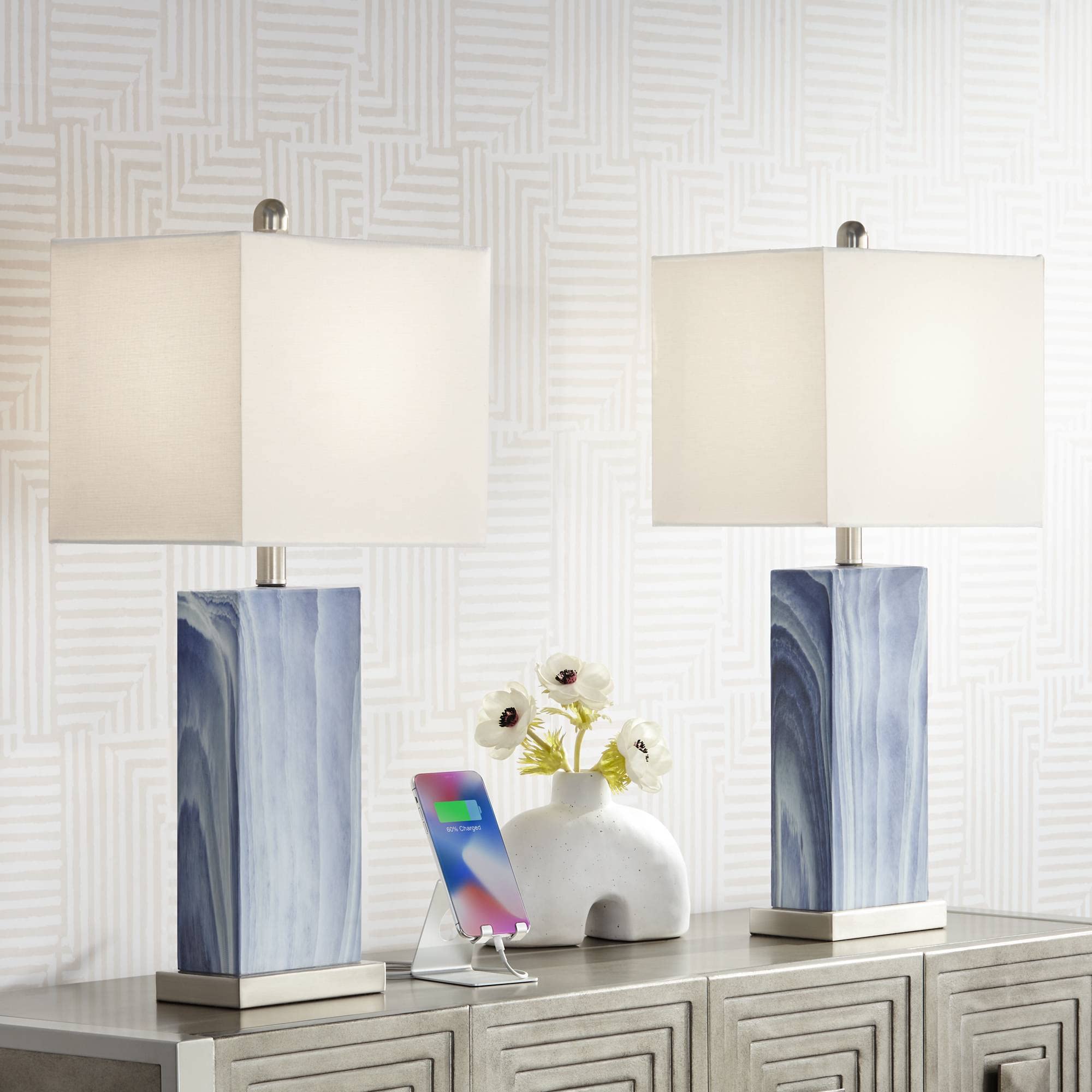 360 Lighting Connie Modern Table Lamps 25'' Tall Set of 2 with USB Charging Ports Blue Faux Marble White Rectangular Shade for B