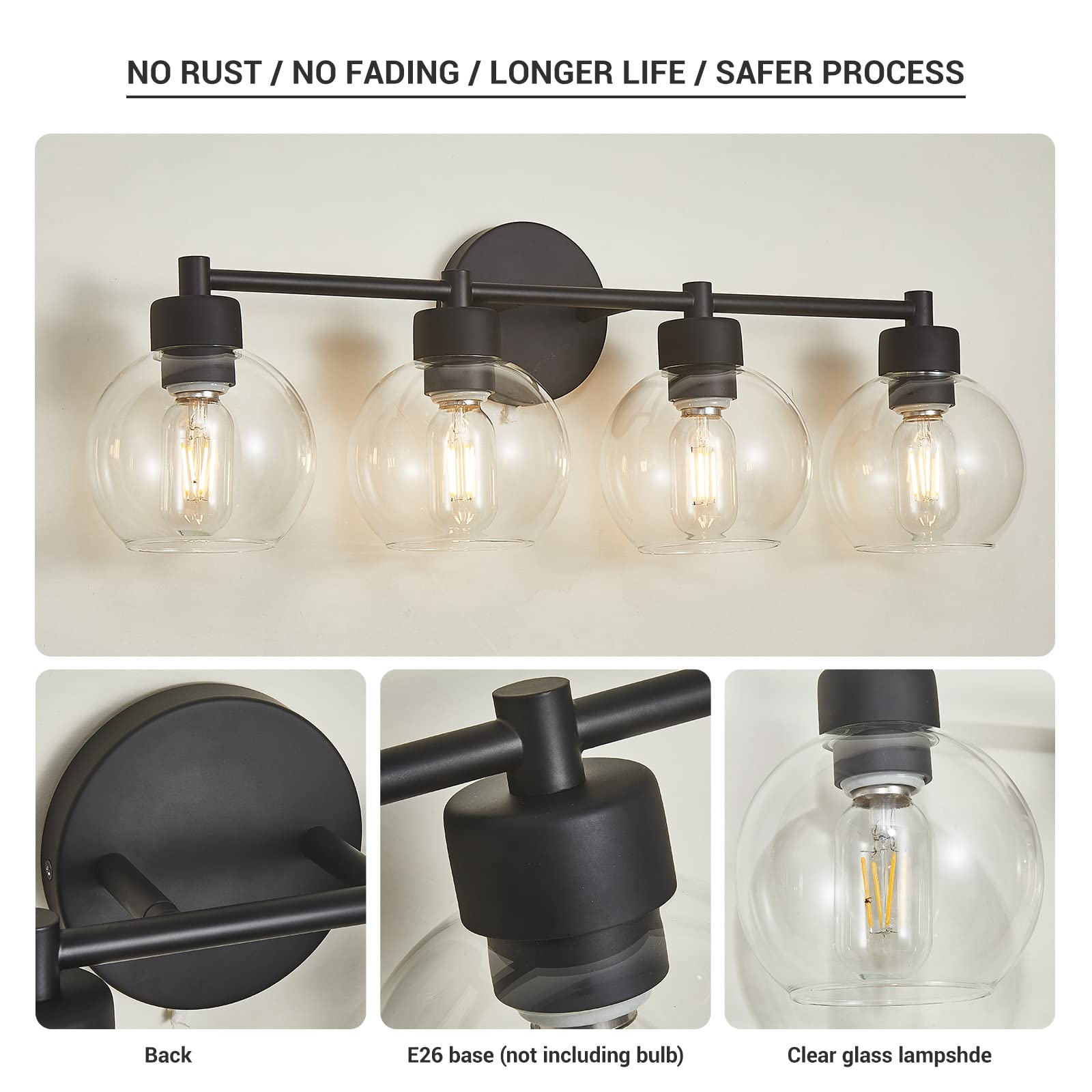 Diniluse Bathroom Light Fixtures 4 Lights Vanity Light With Black Round Finish, Bathroom Vanity Lights With Clear Globe Glass, Matted Black Wall Sconce For Mirror, Bedroom, Living Room, Kitchen