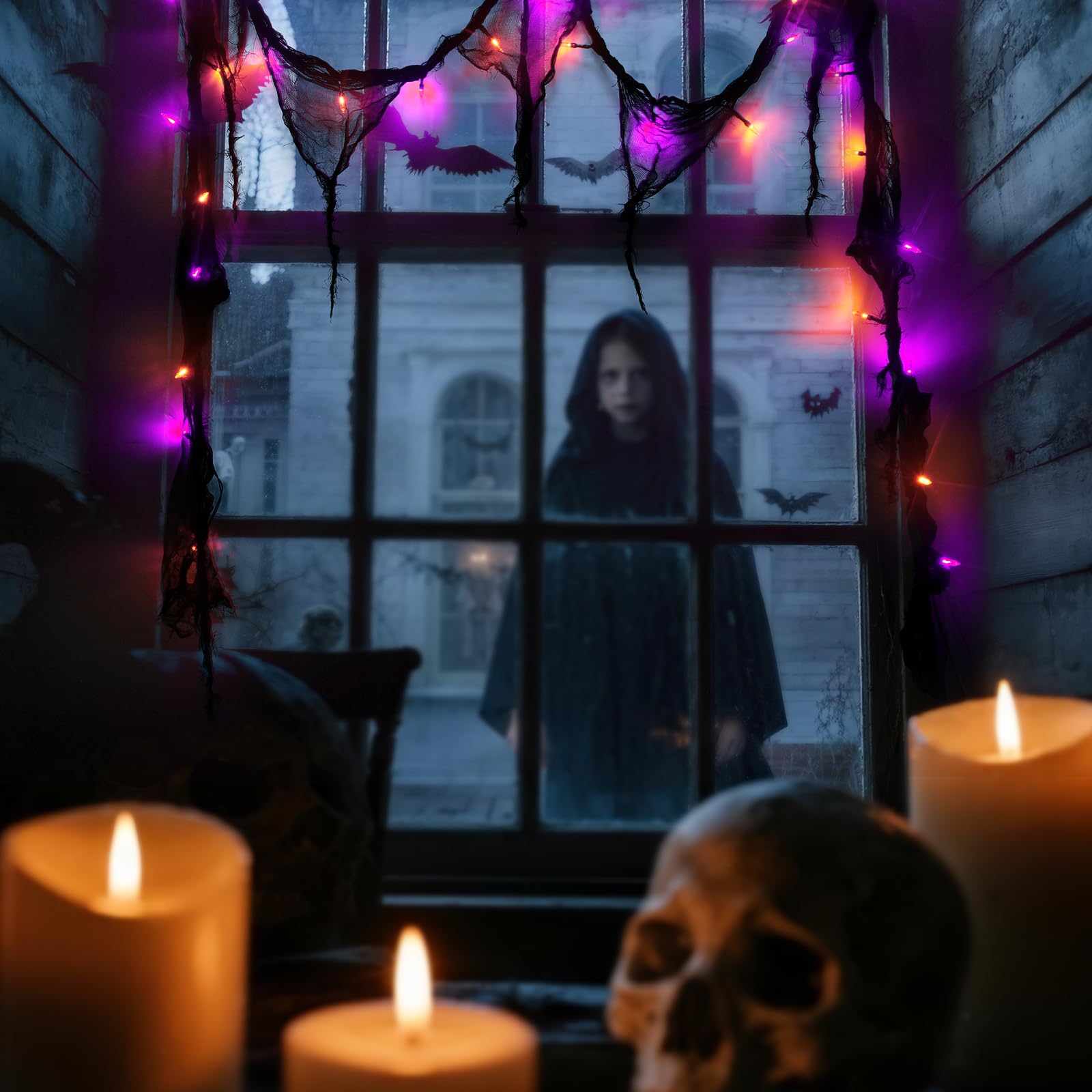 Halloween Horror Atmosphere Lights  Orange&Purple Led String Lights With 9.9Ft Creepy Black Gauze  Battery Powered With Timer & 8 Flashing Modes (Orange & Purple)