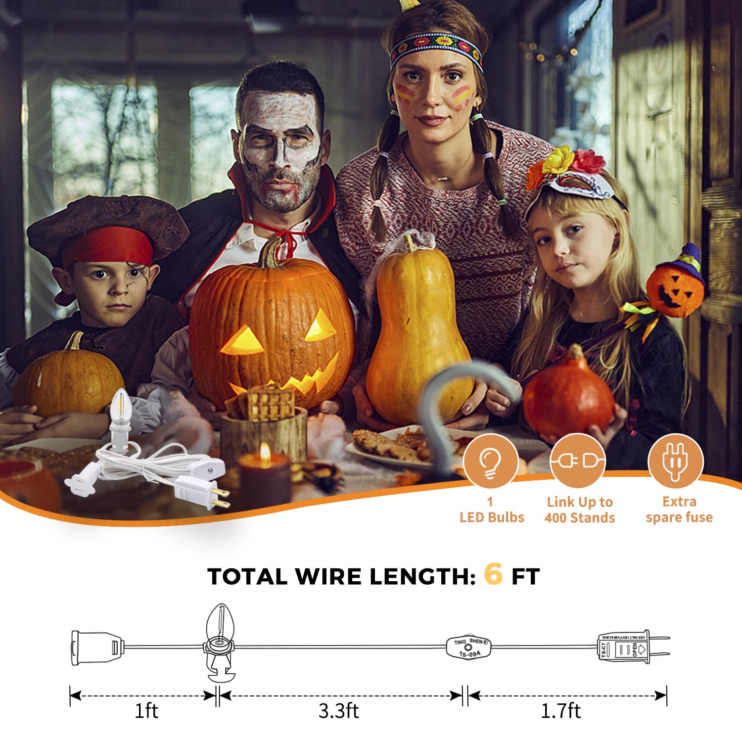 Kgc 2 Pack Chainable Accessory Cord With C7 Led Light Bulb, 6 Ft Indoor Blow Mold Light Cord With Male And Female Plugs For Halloween Pumpkins Christmas Village Houses And Craft Projects Decoration