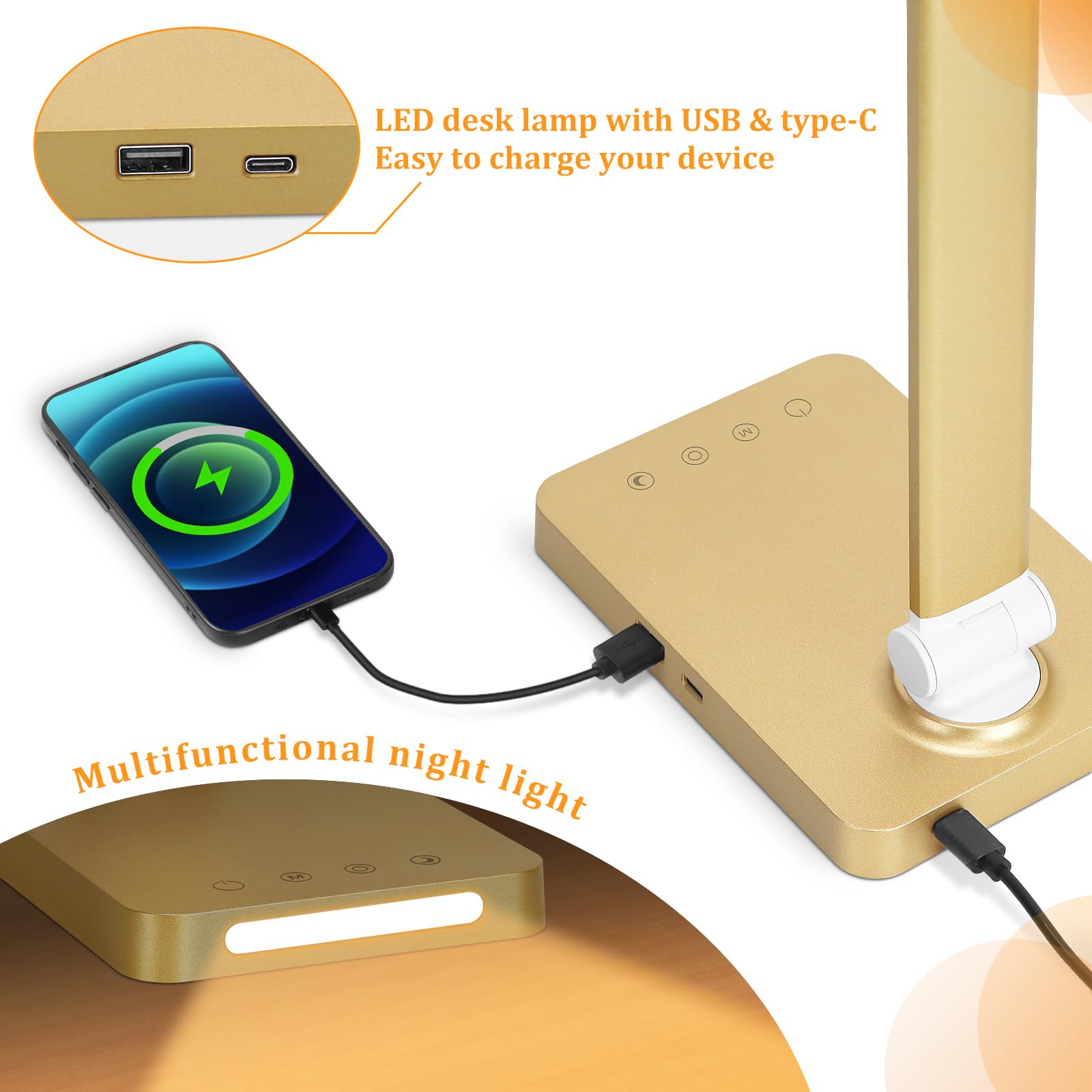 Led Desk Lamp With Usb Ports,Touch Desk Lamps For Home Office With 5 Color Modes,3 Brightness Desk Light With Small Night Light,