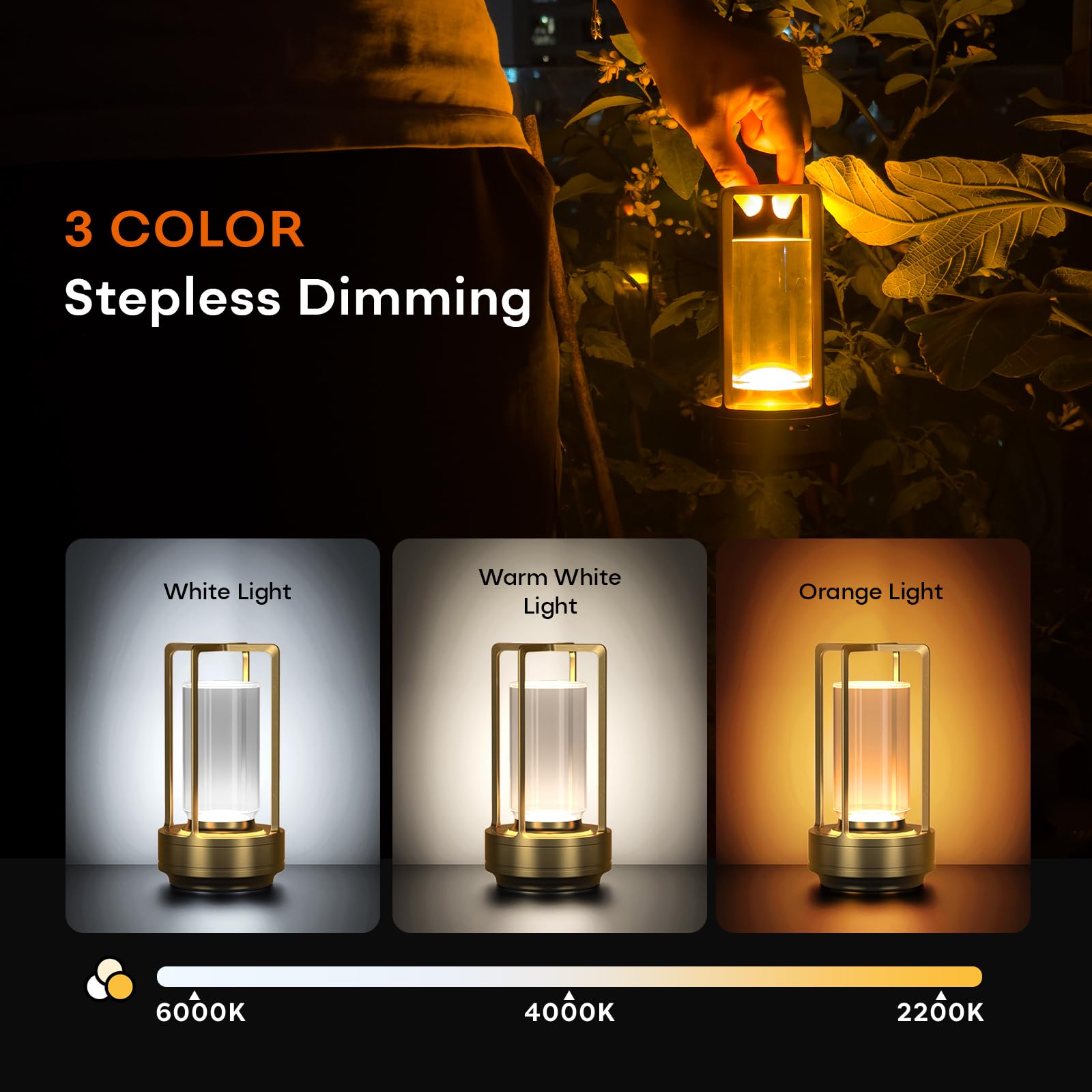 HAPYGI Portable Metal Table Lamp, Rechargeable LED, 3-Colour Dimming, 3.54x3.54x7.08in, Gold Set of 2