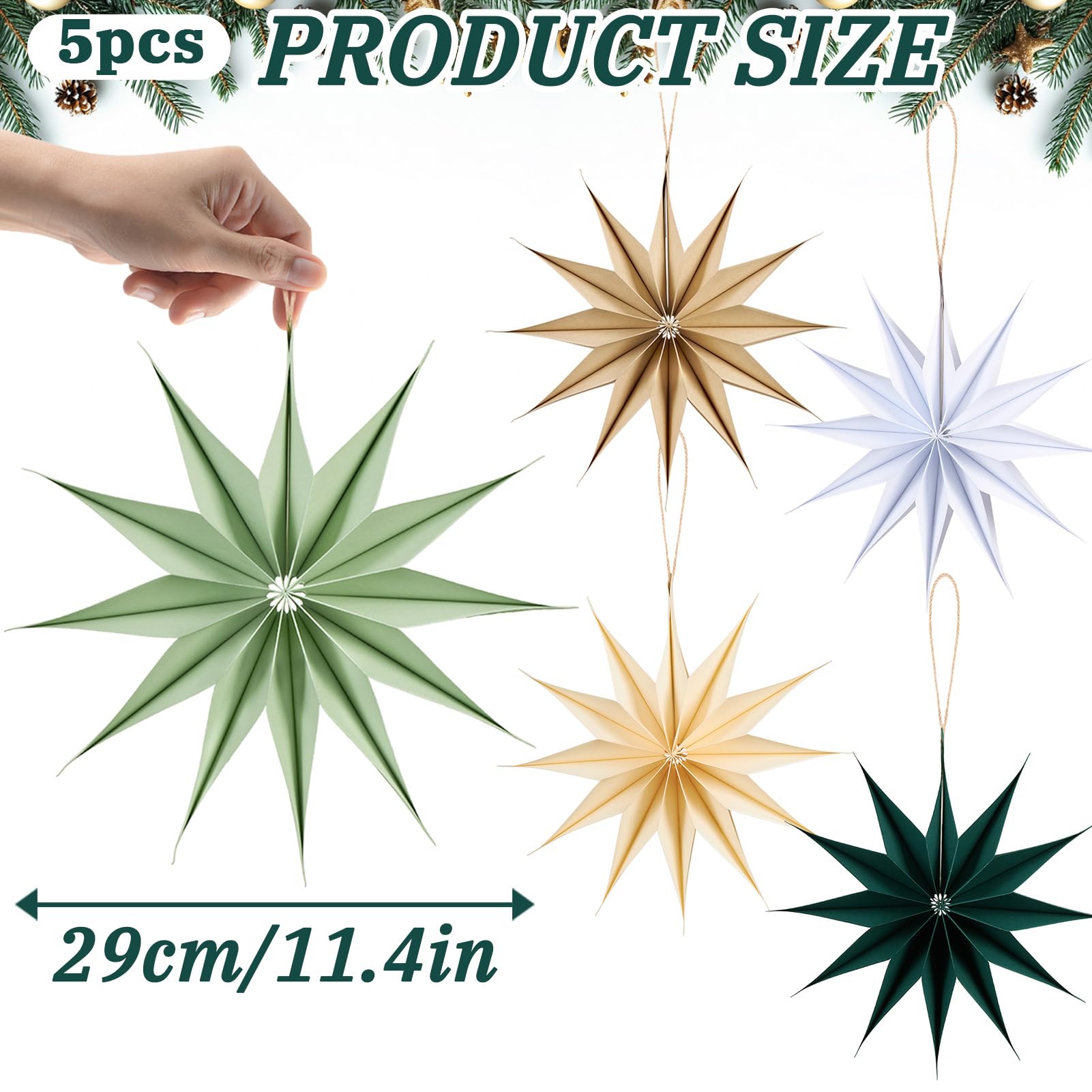 Paper Jazz 12 Point Paper Star Lantern 5 Pcs Sage Green Christmas Ornaments With Paper Stars Large Vintage Christmas Wall Decor For Xmas New Year Baby Shower Wedding Spring Party.