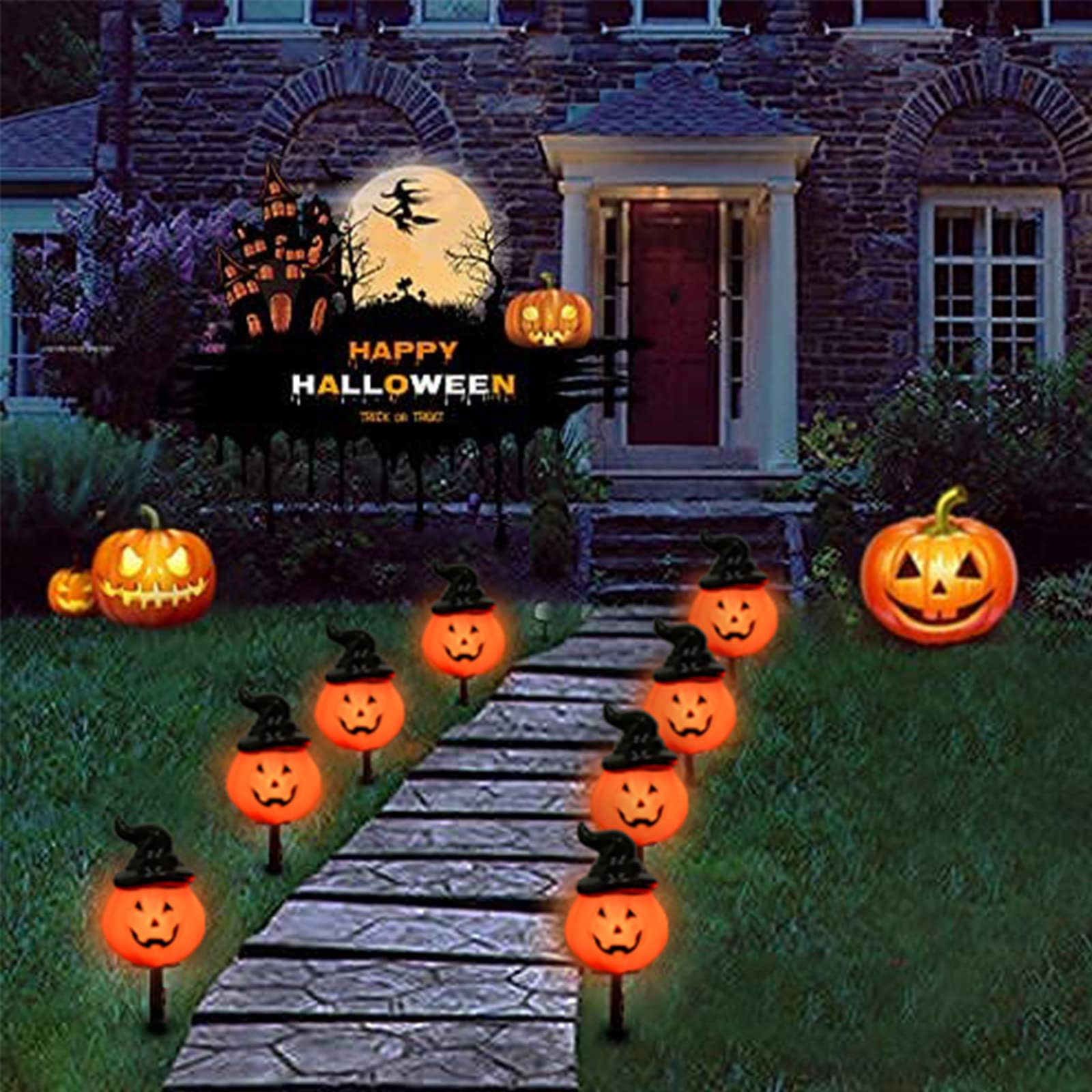 Halloween Pumpkin Pathway String Lights 4 Jack-O-Lantern Stakes Lights With C7 Bulbs  7Ft Extendable Wizard Hat Pumpkin Markers Lights For Outdoor Halloween Lawn Pathway Walkway Driveway Lighting
