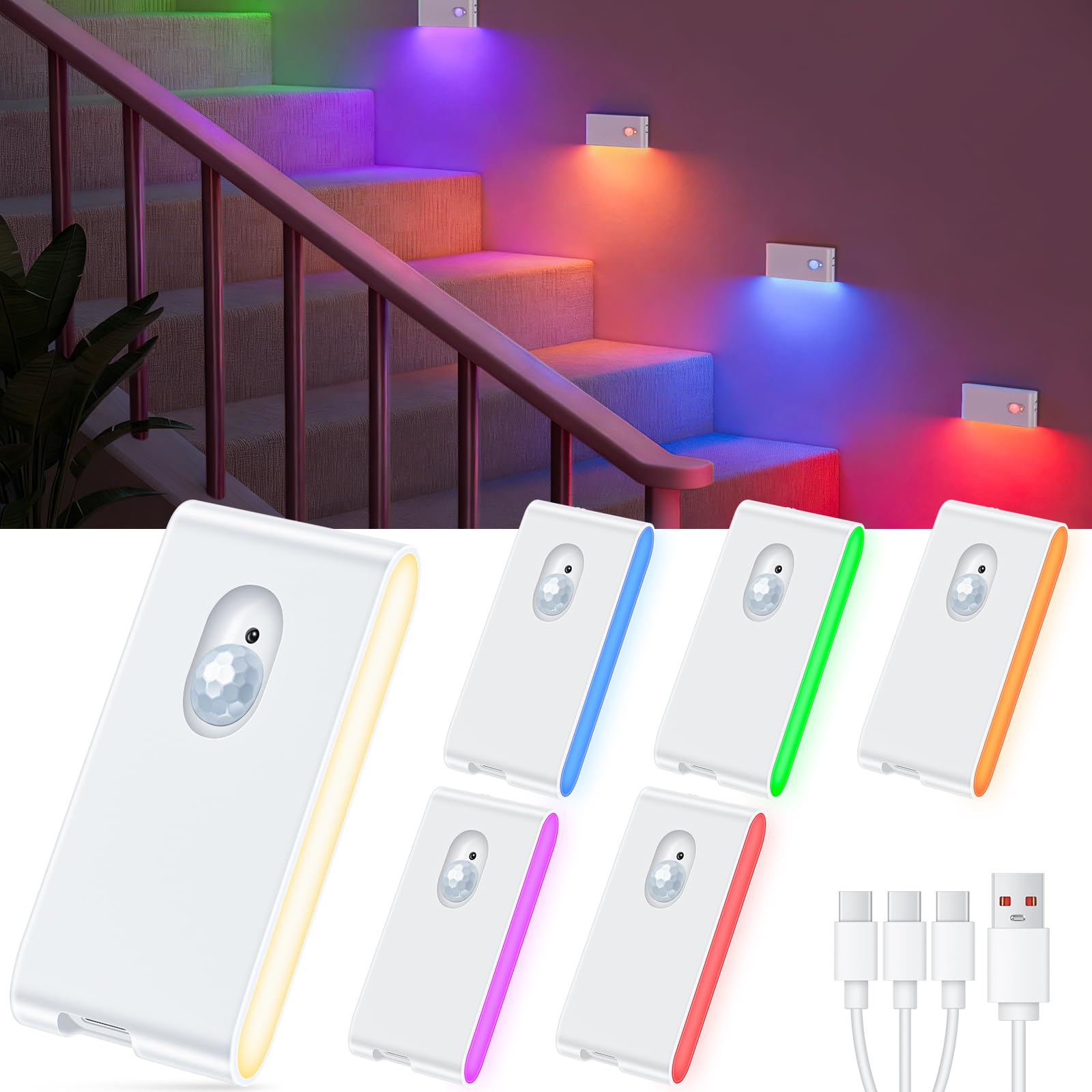 WILLED Stair Lights Indoor, RGB & Warm White Motion Sensor Night Light, Color Changing Motion Sensor Light Indoor, Rechargeable 